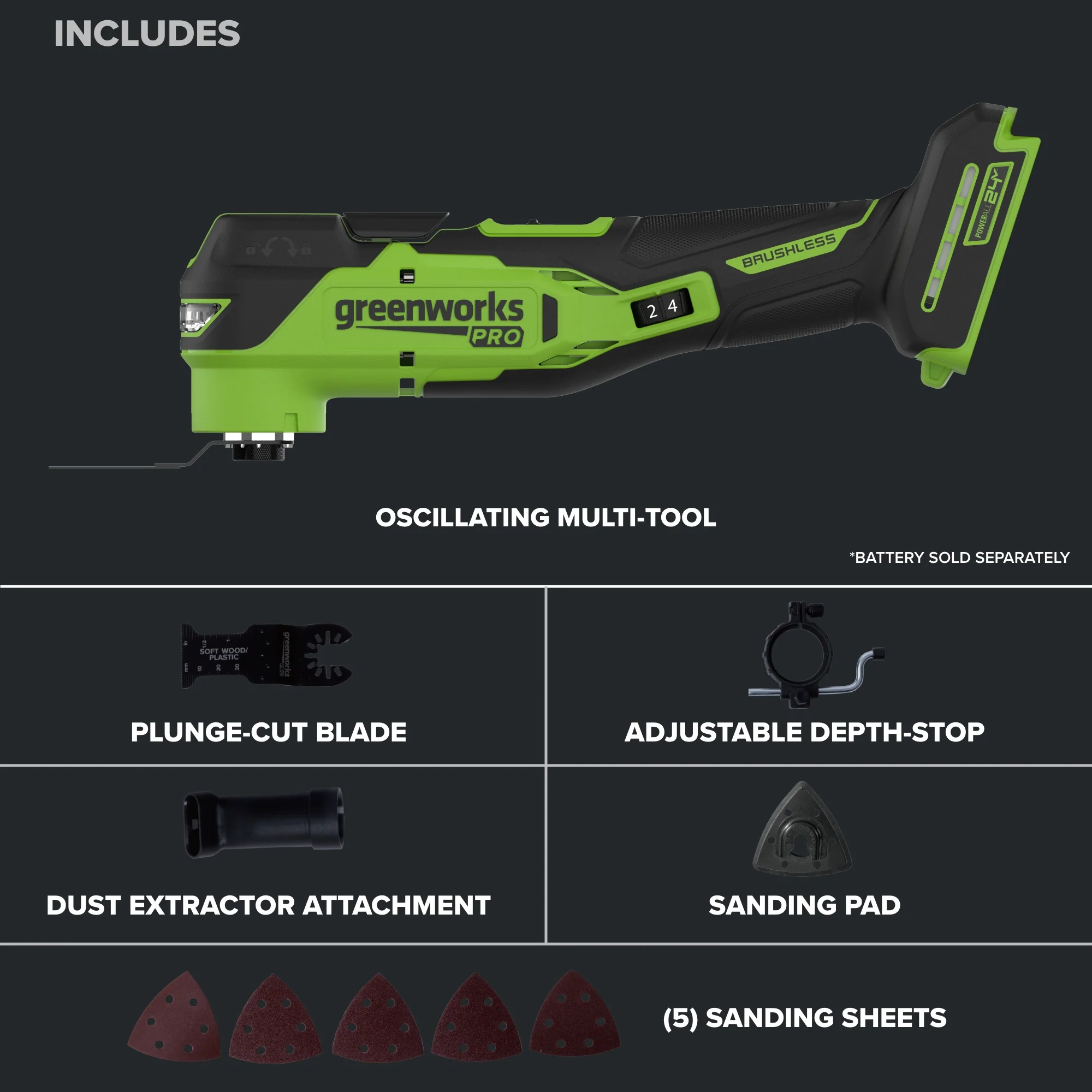 24V PowerAll Pro Oscillating Multi-Tool, with Plunge Cut Blade, Sanding Plate, Adjustable Depth Stop, Dust Extractor, (5) Sanding Pads - Image 3
