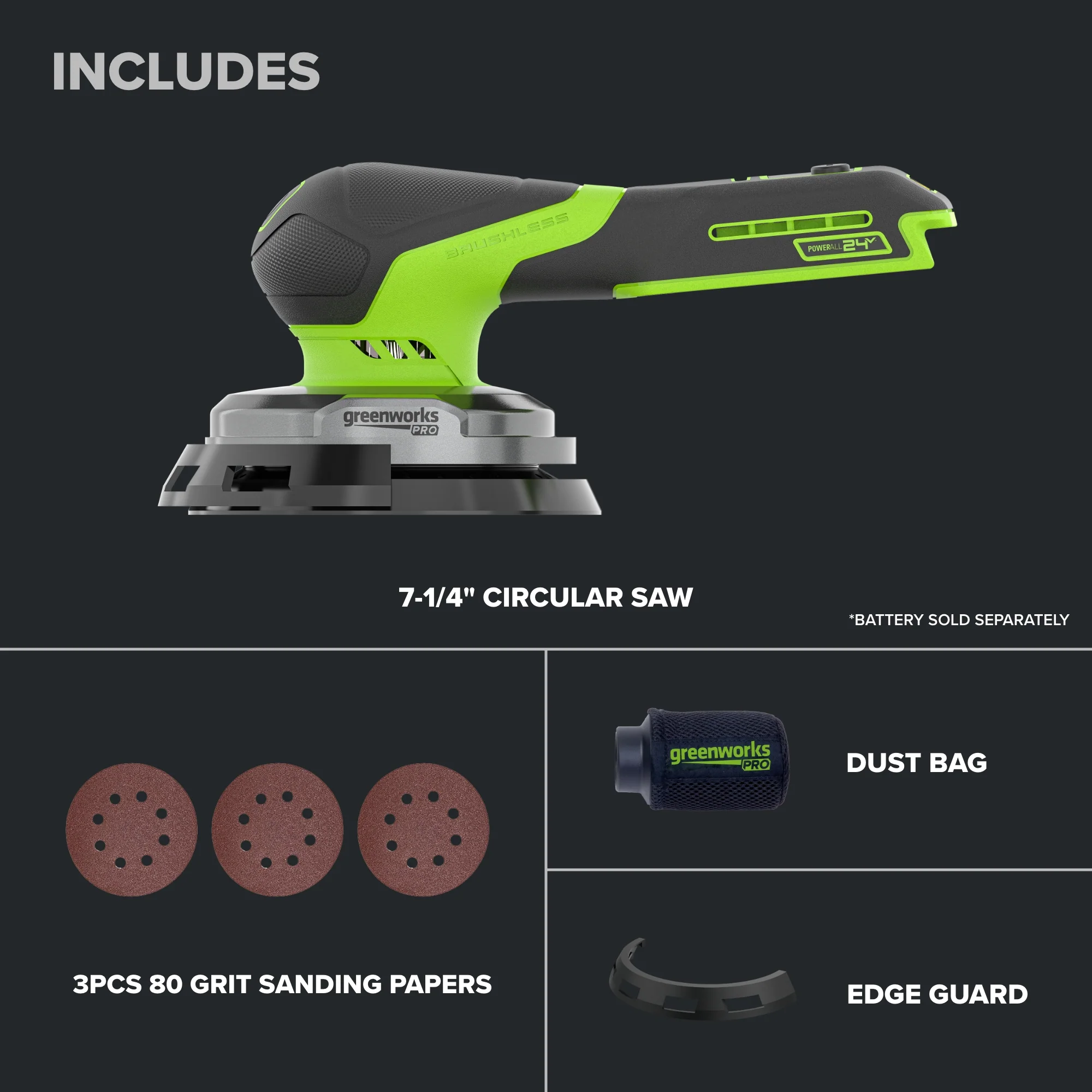 24V PowerAll Pro 5" Orbital Sander, Tool Only, with Dust Bag, Edge Guard, and (3) Pieces of 80 Grit Sanding Paper - Image 3