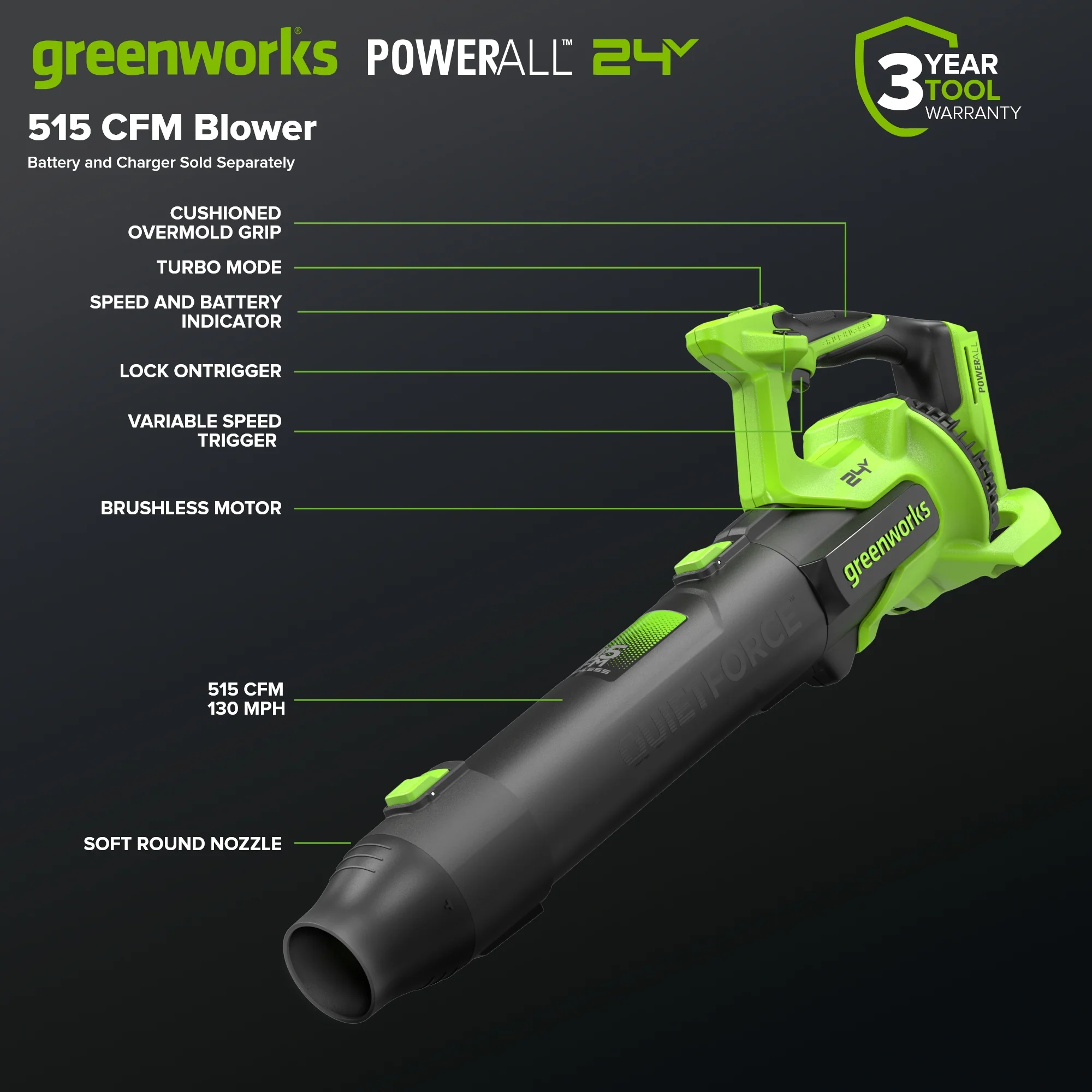 24V 515 CFM Cordless Battery Brushless Blower (Tool Only) - Image 2