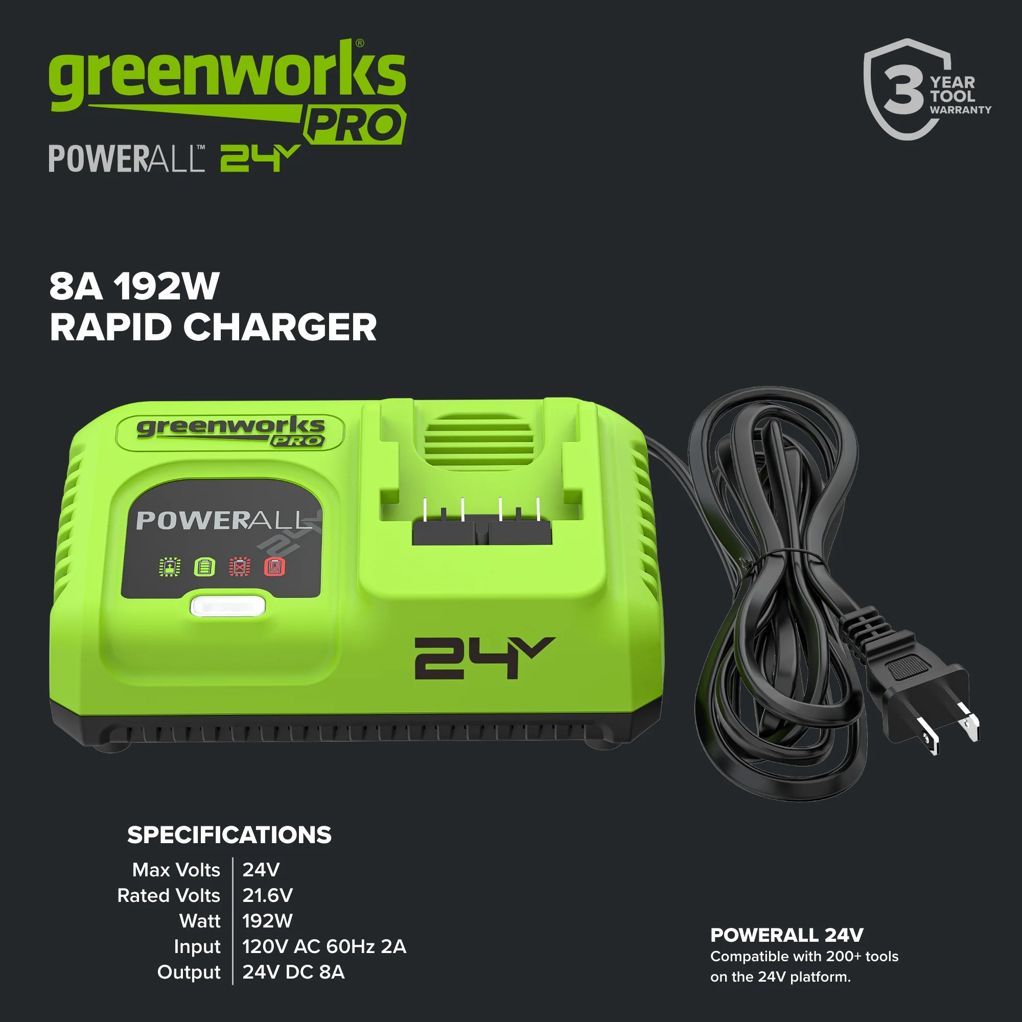 24V PowerAll Pro 200W Ultra Fast Battery Charger with Indicator Lights - Image 2