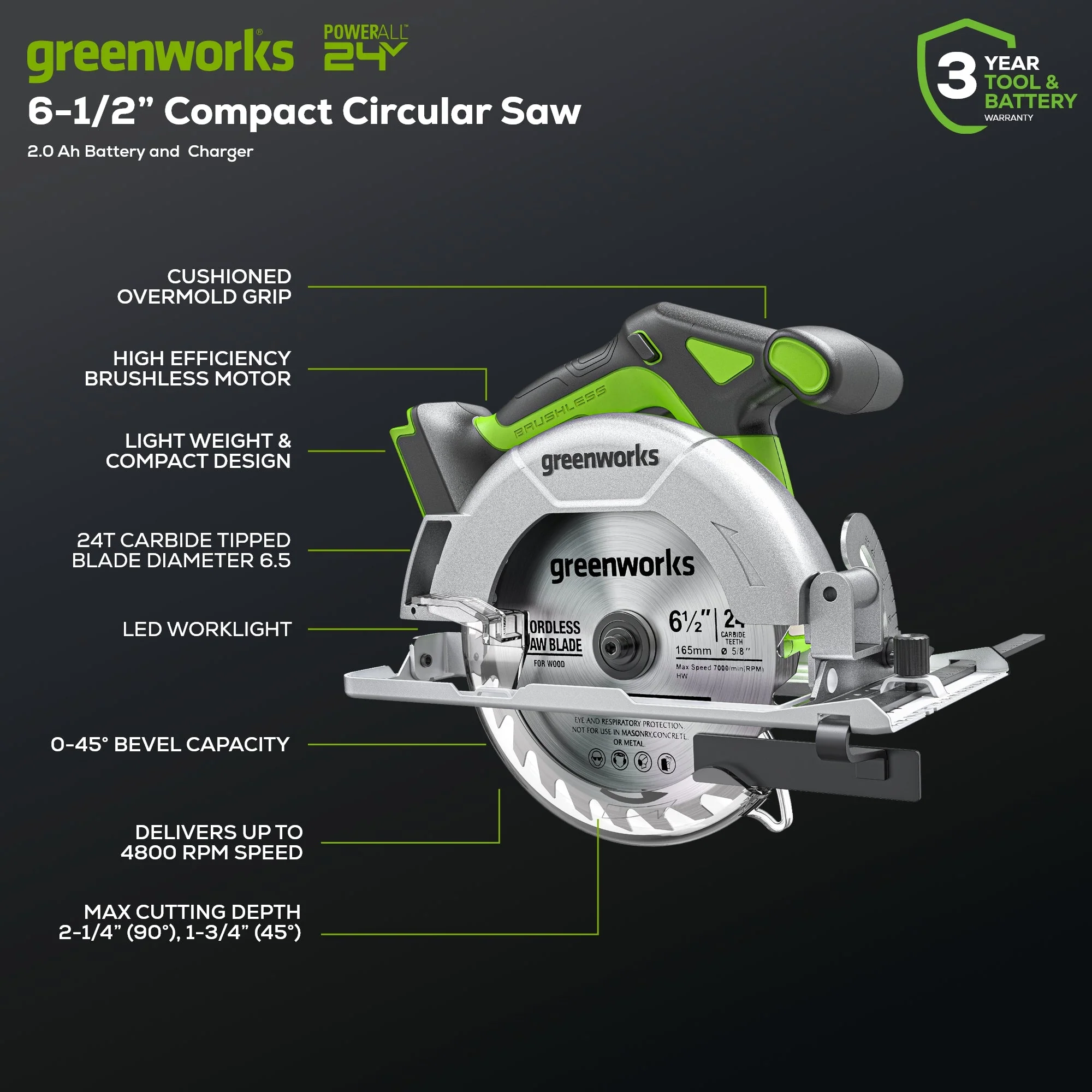 24V 6.5" Cordless Battery Brushless Circular Saw (Tool Only) - Image 2