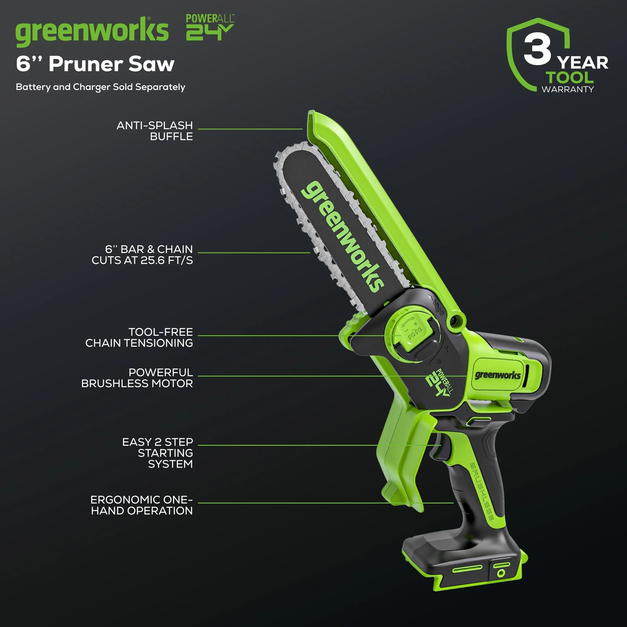 24V 6" Cordless Battery Brushless Pruner Saw (Tool Only) - Image 2