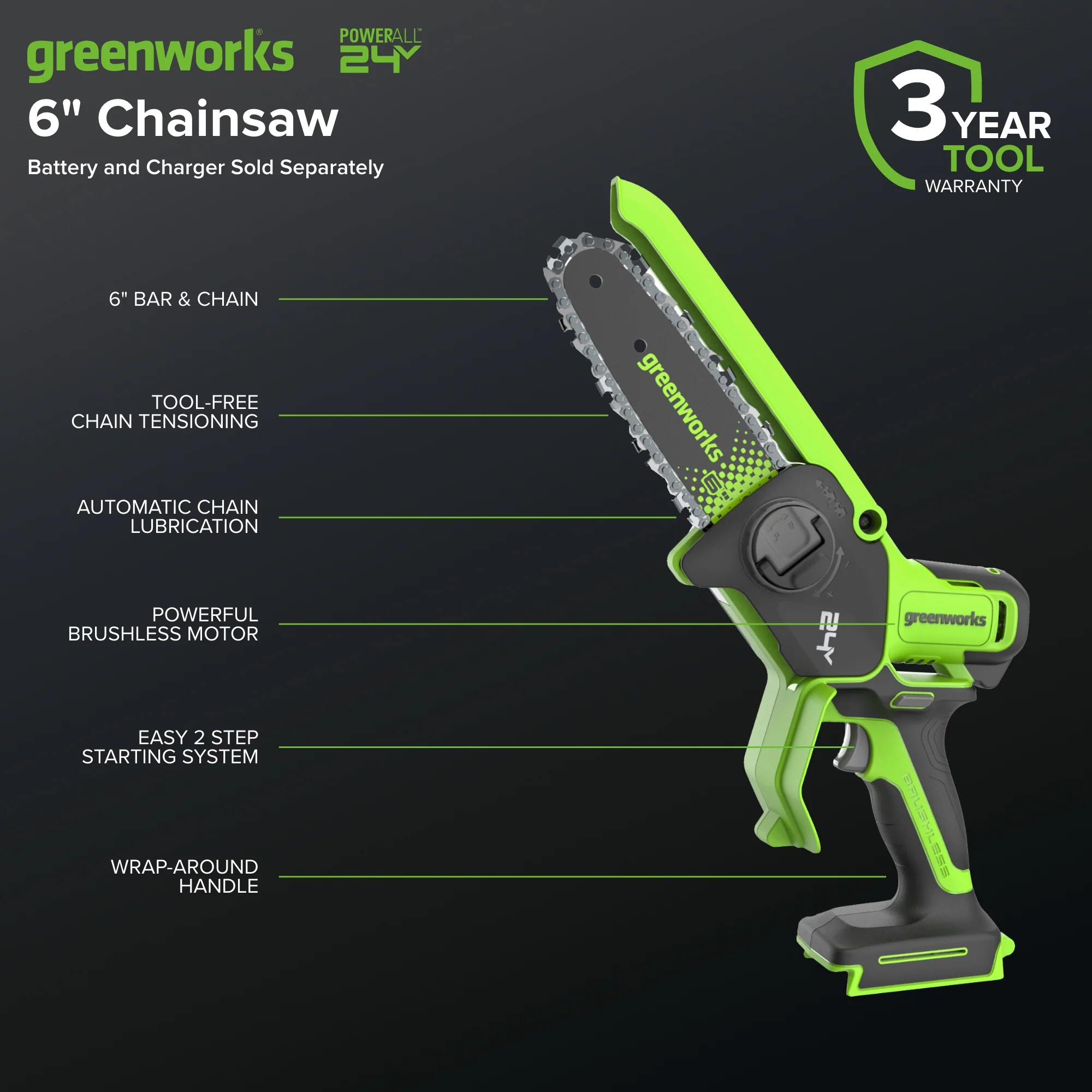 24V 6" Gen 2 Cordless Battery Brushless Pruner Saw (Tool Only) - Image 2