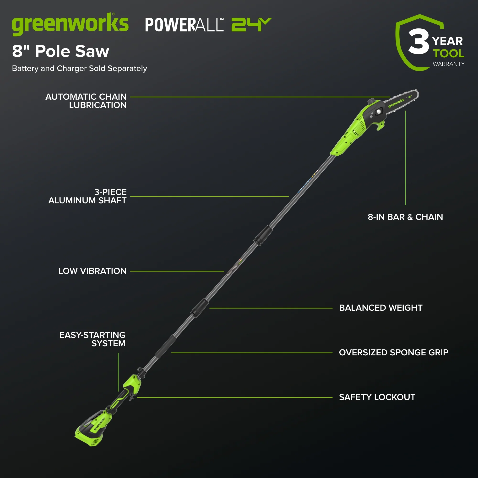 24V 8" Cordless Battery Pole Saw (Tool Only) - Image 2
