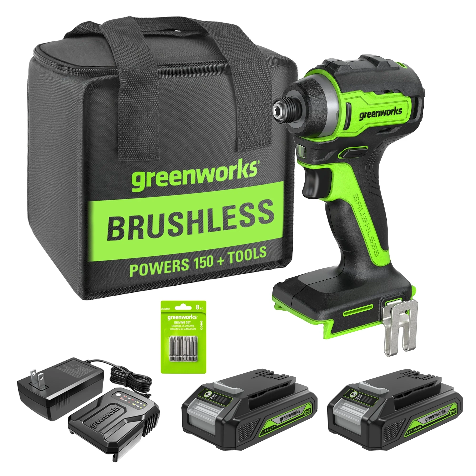 24V 1/4" 1950 in/lbs Brushless Impact Driver Kit (8-piece Bit Set and Tool Bag Included): (2) 2Ah Batteries and Charger