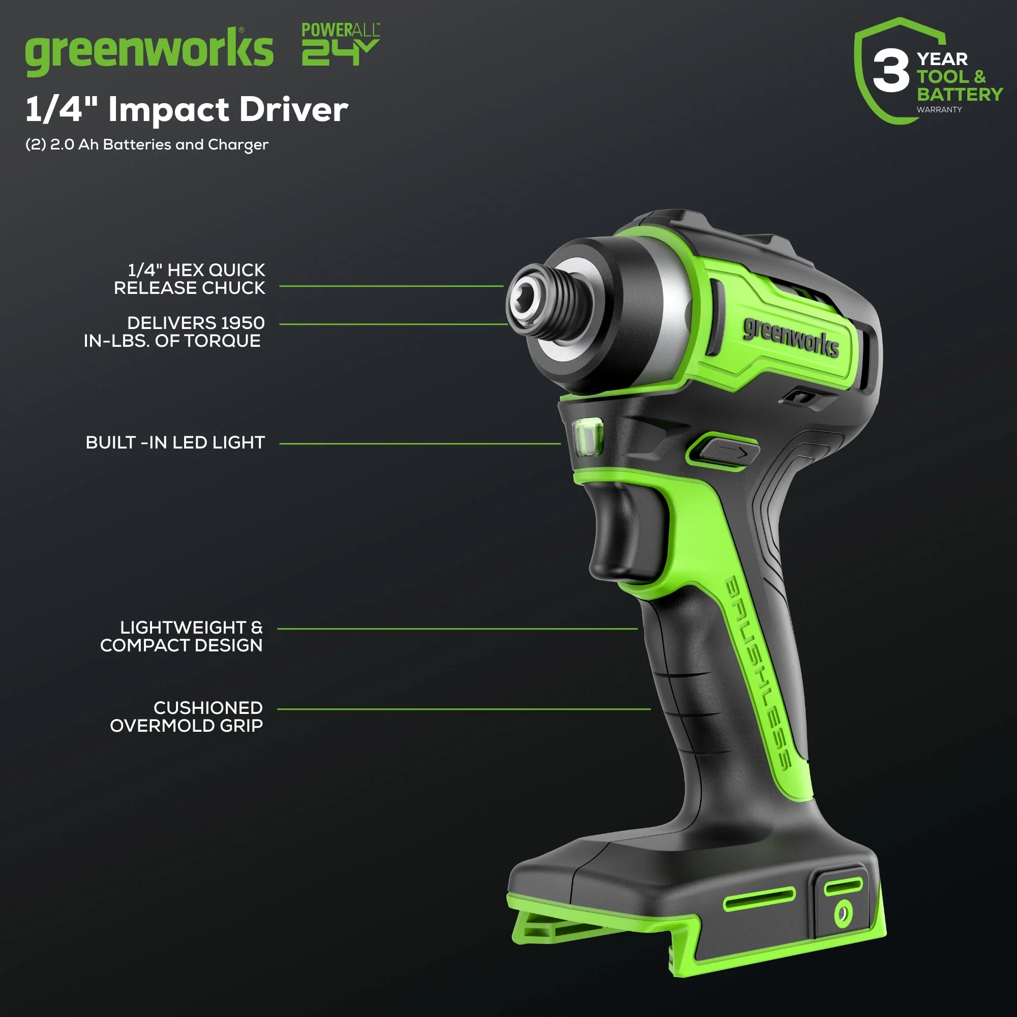 24V 1/4" 1950 in/lbs Brushless Impact Driver Kit (8-piece Bit Set and Tool Bag Included): (2) 2Ah Batteries and Charger - Image 2