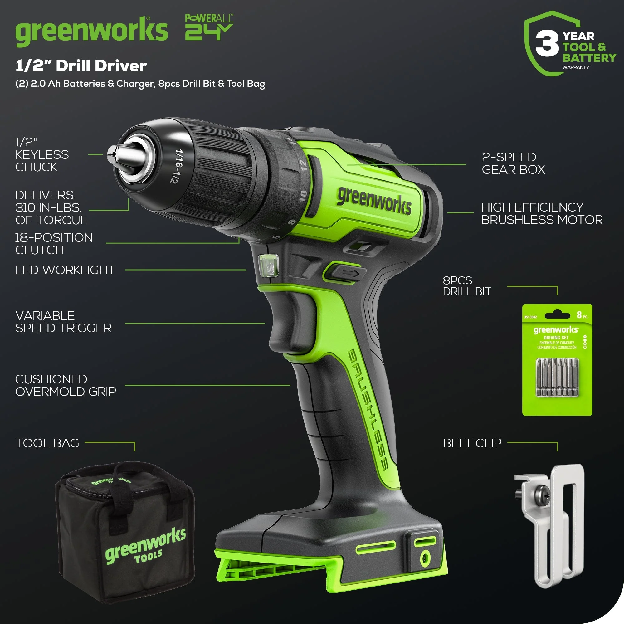 24V Brushless 1/2" 310 in/lbs Drill Kit: (2) 2Ah Batteries and Charger, 8-piece Bit Set and Tool Bag Included - Image 2