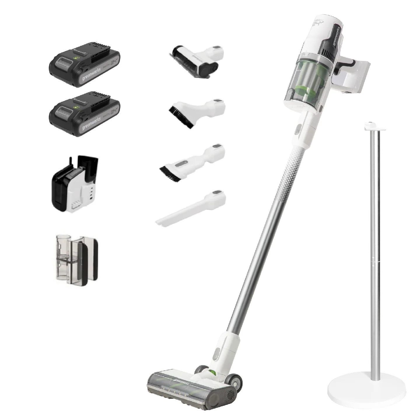 24V Cordless Battery White Stick Vacuum 3-in-1 Bundle: (2) 4.0 Ah USB Batteries and Charging Stand