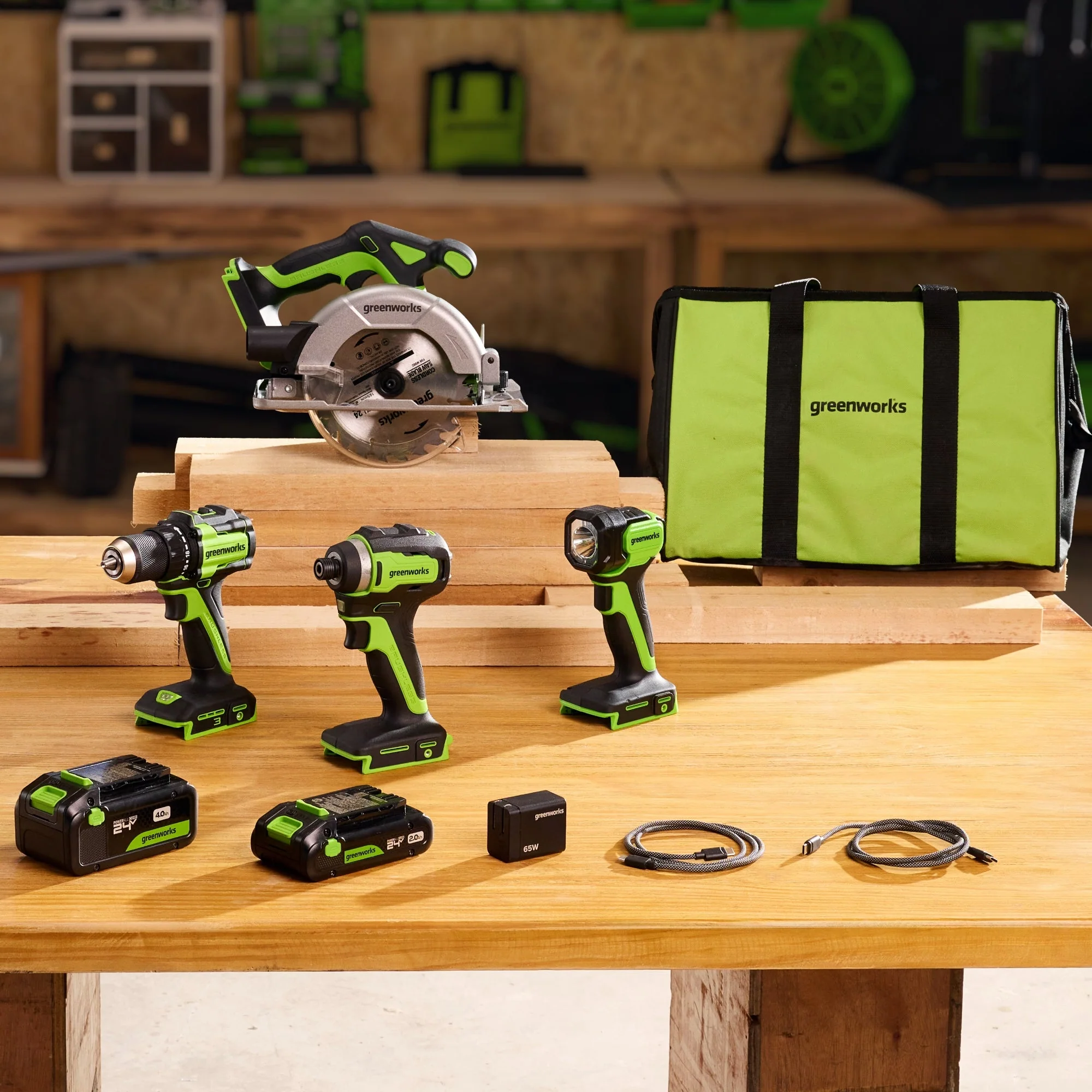 24V Brushless Power Tool 4PC Combo Kit, (1) 4.0 Ah and (1) 2.0 Ah USB-C Batteries and 65W USB-C Fast Charger - Image 3