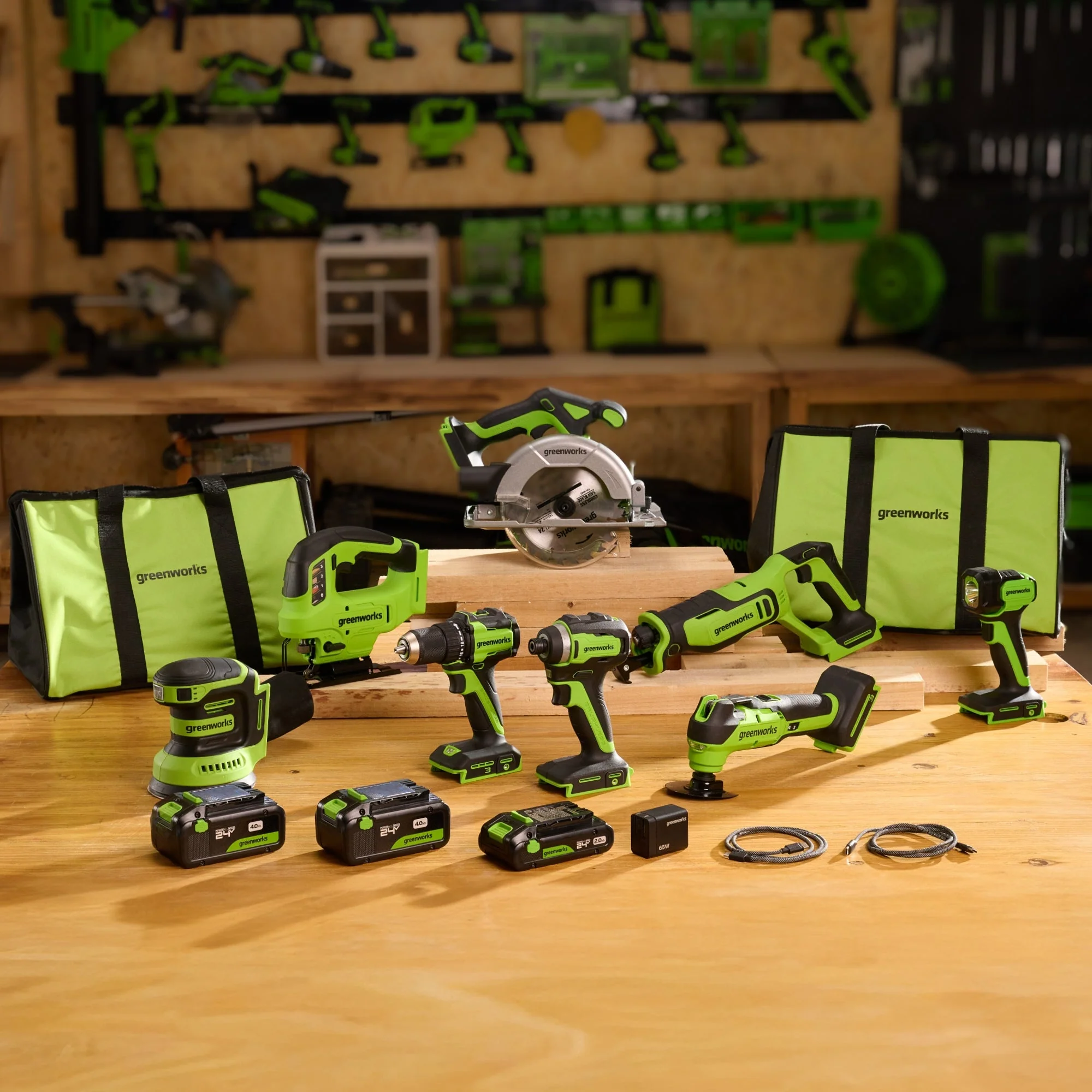 24V Brushless Power Tool 8PC Combo Kit: (2) 4.0 Ah and (1) 2.0 Ah USB-C Batteries and Charger - Image 3