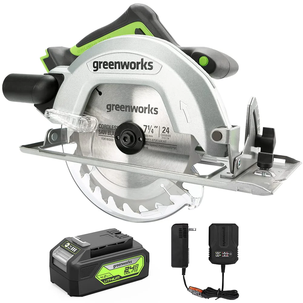 24V Circular Saw 7-1/4", Saw Blade and Dust Connector Kit: 4.0 Ah Battery and Charger