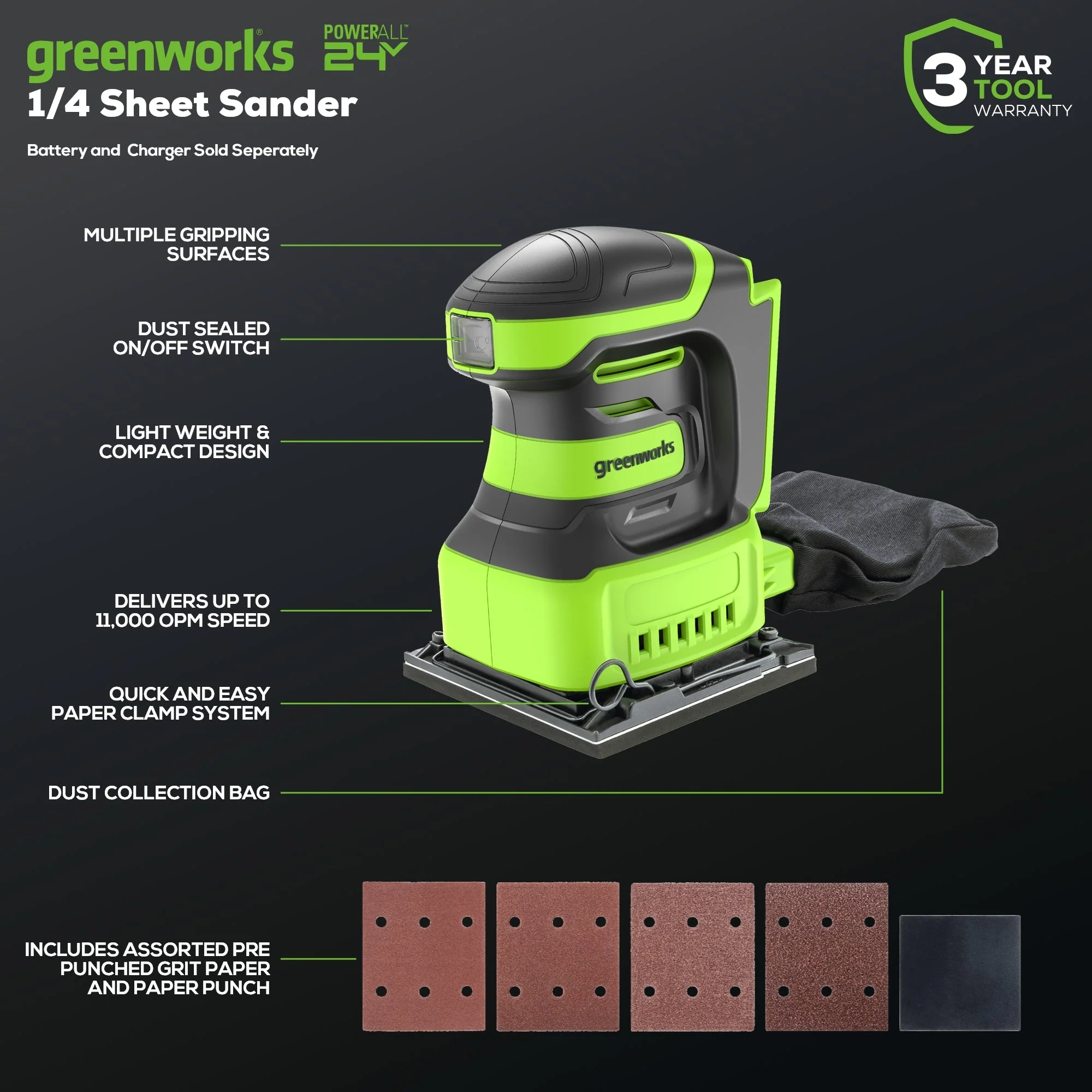 24V Cordless Battery Quarter Sheet Sander: 2.0 Ah Battery and Charger - Image 2