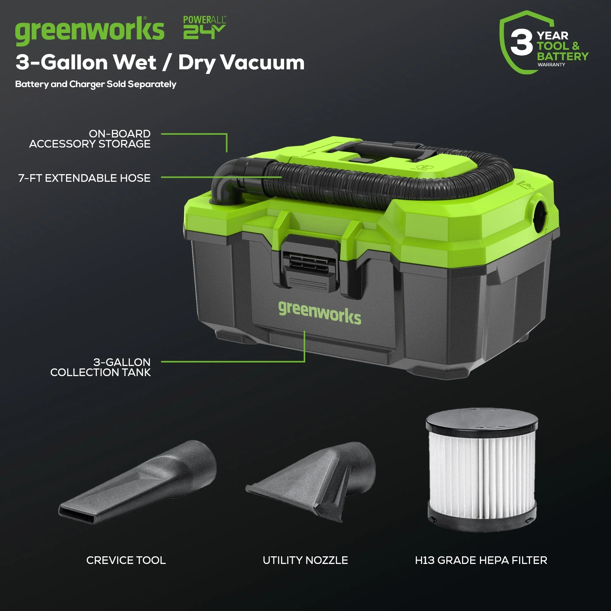 24V Brushless 3-Gal Cordless Battery Wet/Dry Shop Vacuum (Tool Only) - Image 2