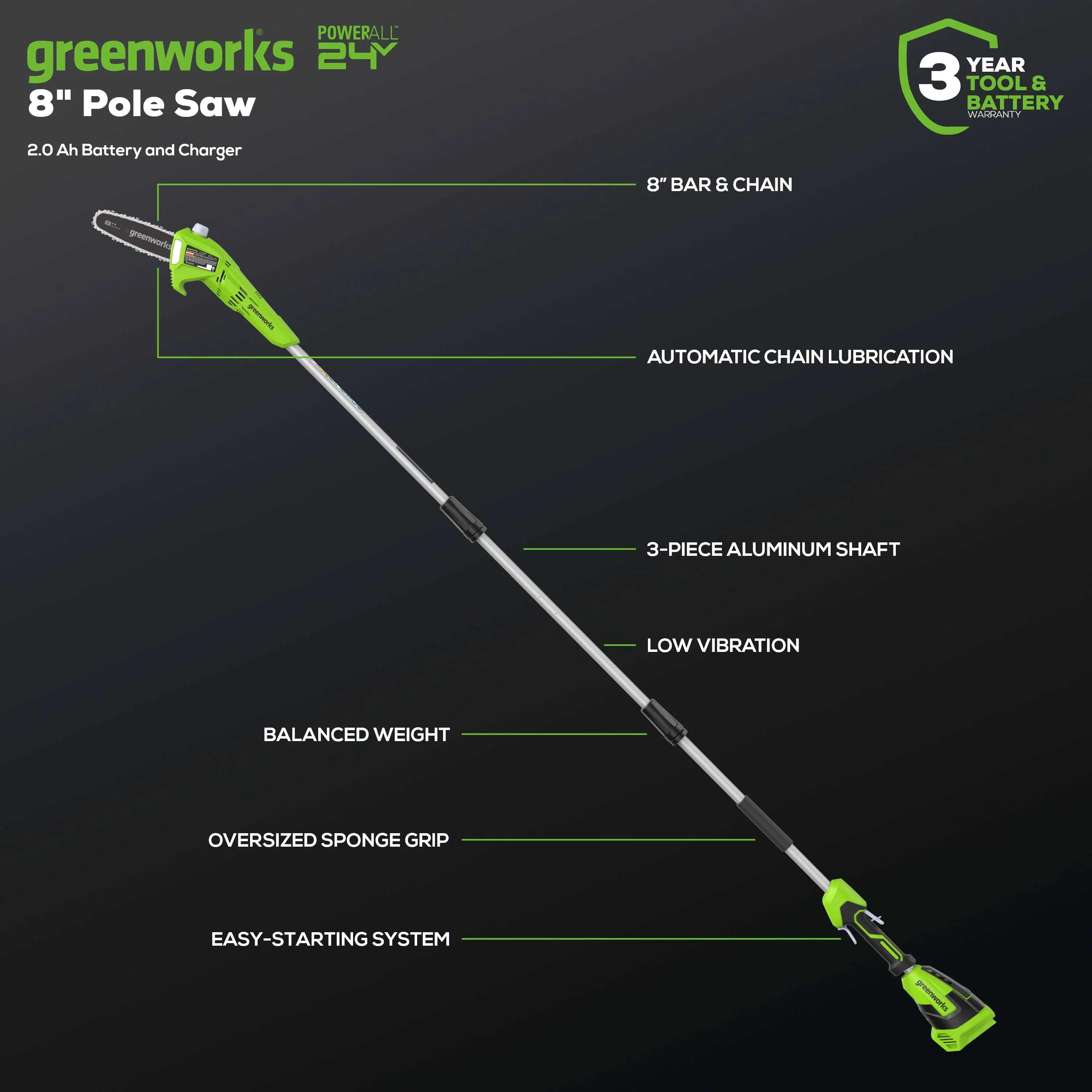 24V 8" Cordless Battery Pole Saw w/ 2.0 Ah Battery & Charger - Image 2