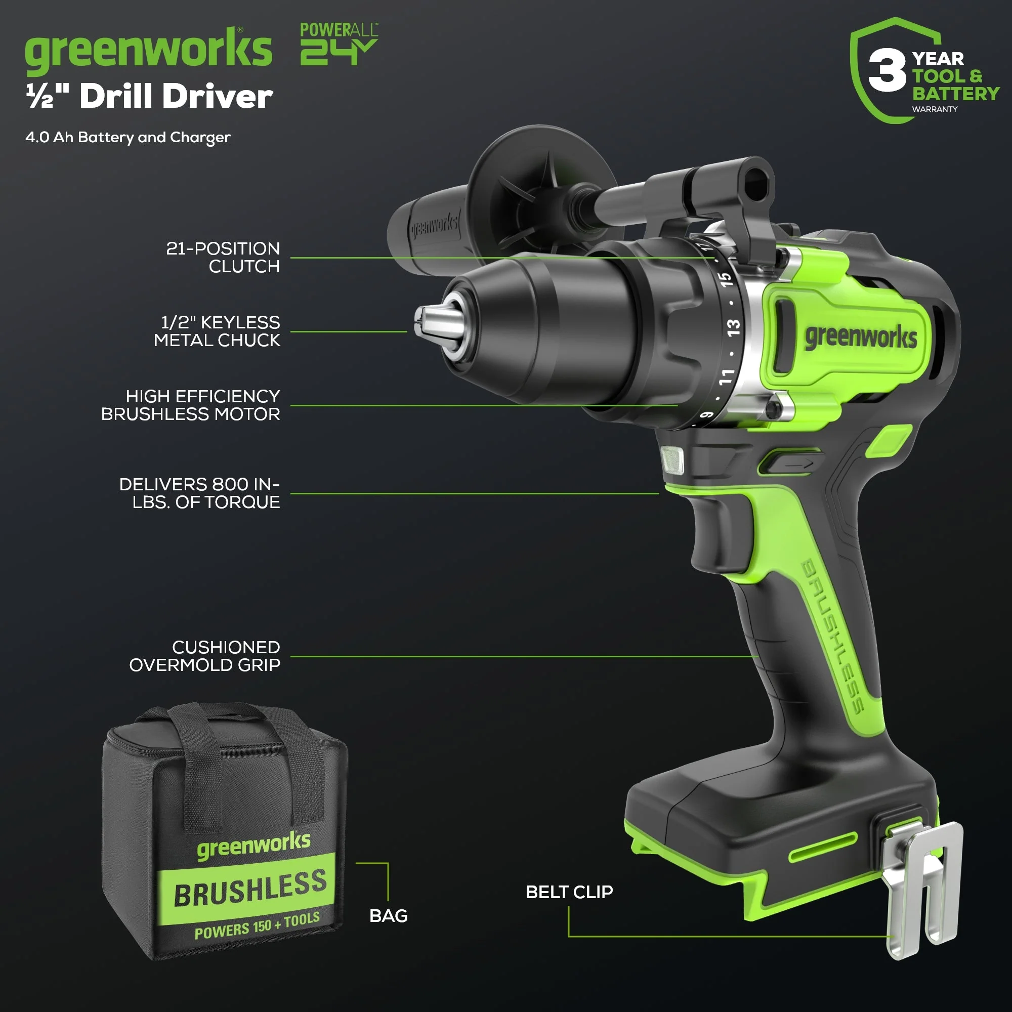 24V Cordless Battery 1/2" 800 in/lbs Drill Driver: 4.0 Ah USB Battery and Charger - Image 2