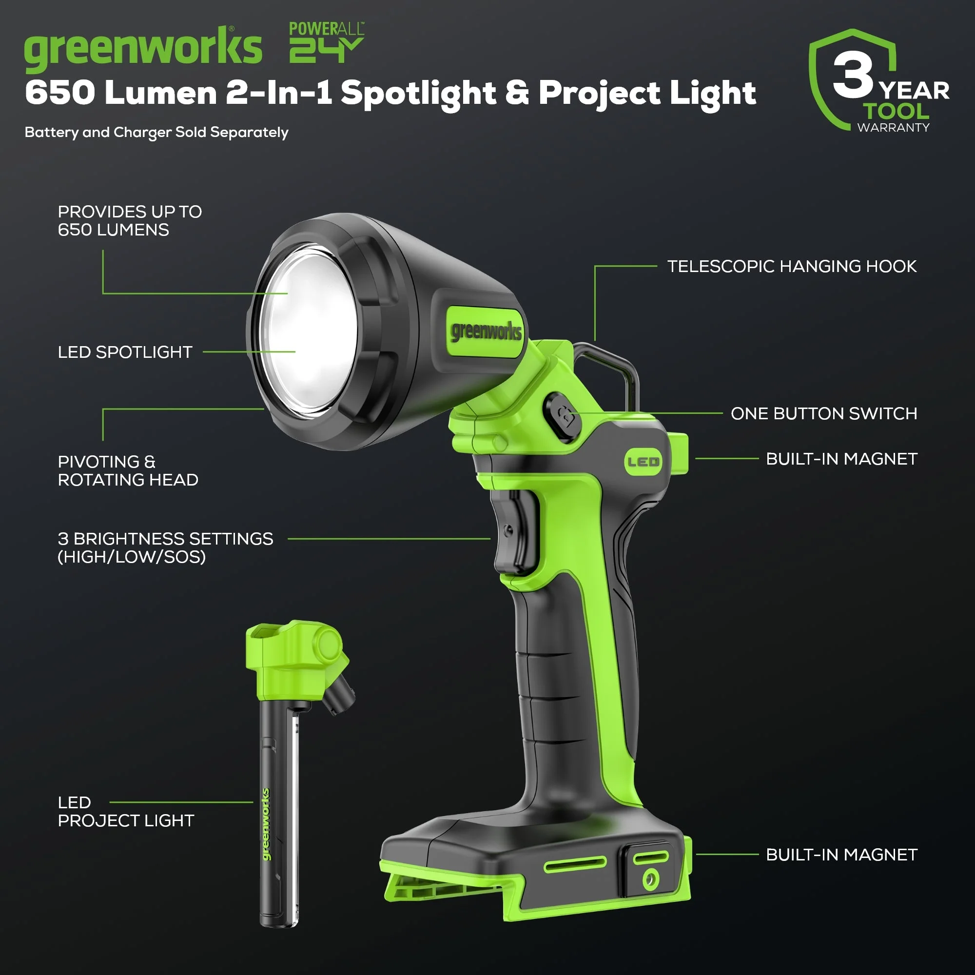 24V Cordless Battery 2-in-1 Work Light (Tool Only) - Image 2