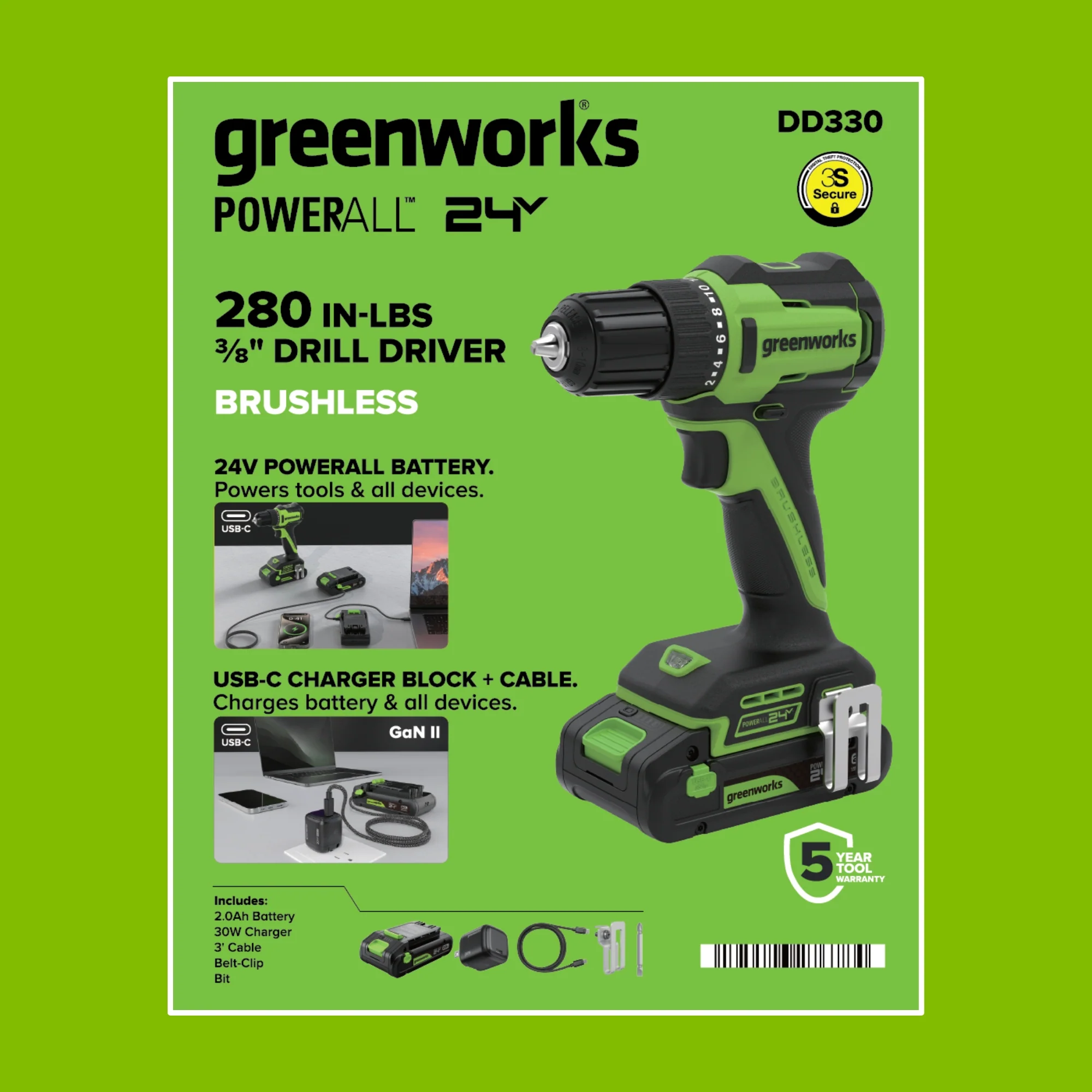 24V PowerAll 3/8" 280 in-lb Drill, with 2.0 Ah USB-C Battery, 30W USB-C Charger Block, 3' 100W USB-C Cable - Image 13