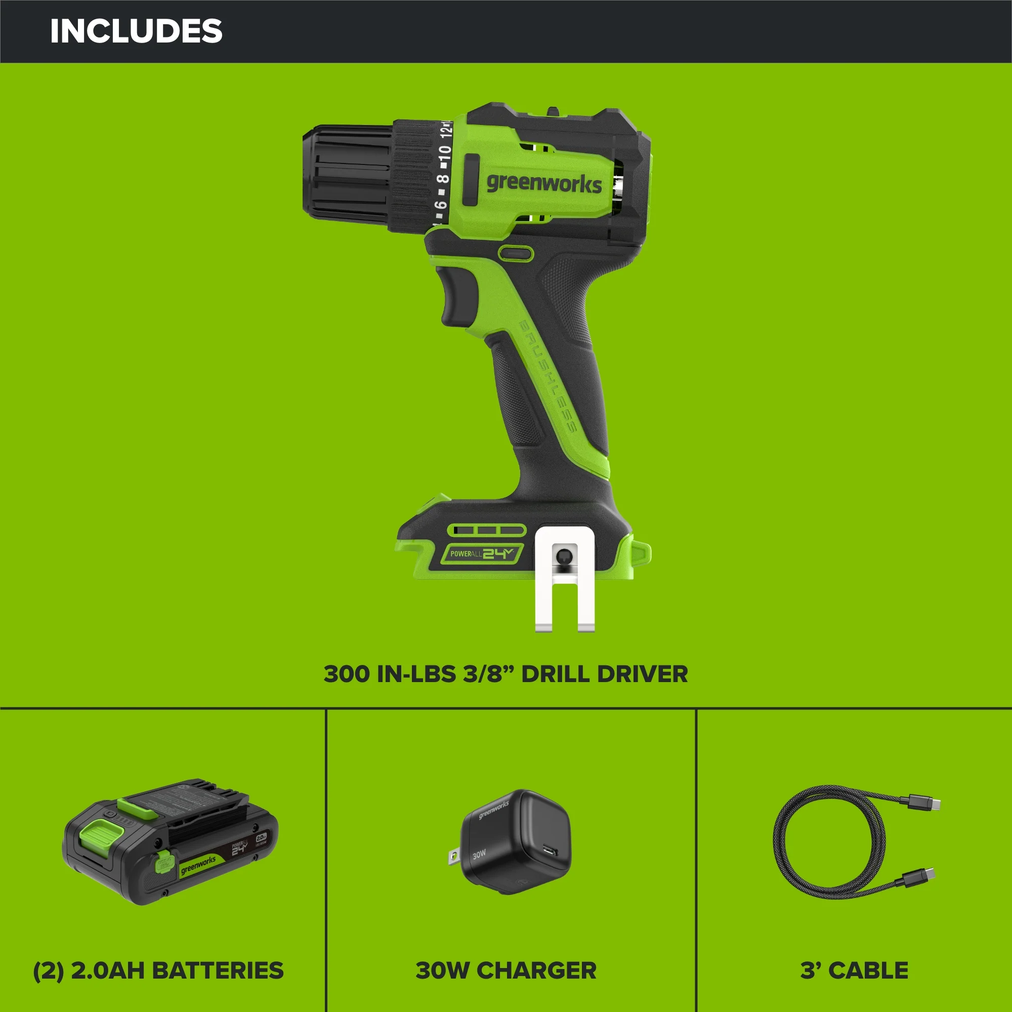 24V PowerAll 3/8" 280 in-lb Drill, with 2.0 Ah USB-C Battery, 30W USB-C Charger Block, 3' 100W USB-C Cable - Image 3