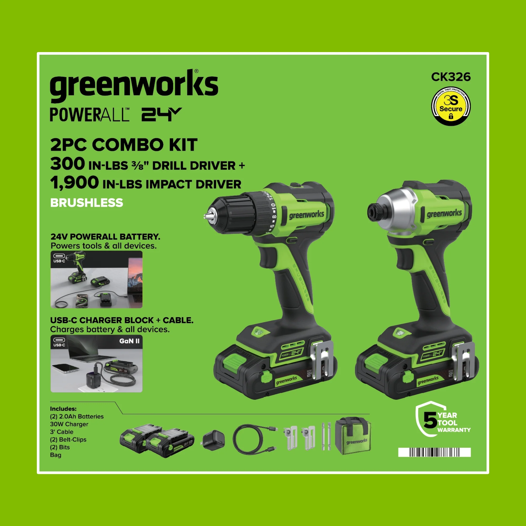 24V PowerAll 3/8" Drill and Impact Driver Combo Kit with (2) 2.0 Ah USB-C Batteries, 30W USB-C Charger Block, and 3' 100W USB-C Cable - Image 17