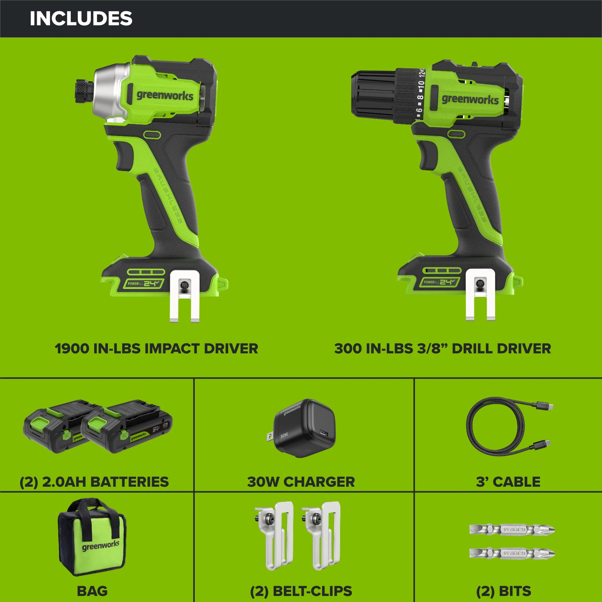 24V PowerAll 3/8" Drill and Impact Driver Combo Kit with (2) 2.0 Ah USB-C Batteries, 30W USB-C Charger Block, and 3' 100W USB-C Cable - Image 3
