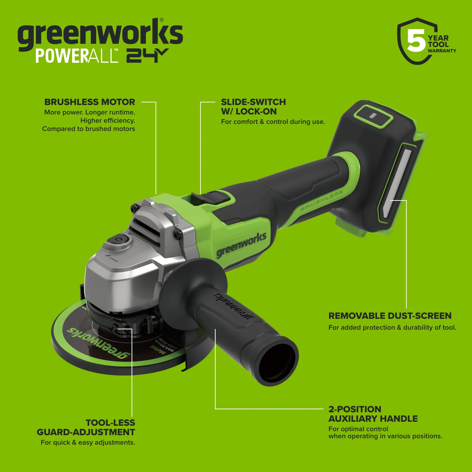 24V PowerAll 4-1/2" Angle Grinder, with Handle, Grinding Wheel, and Guards - Image 3