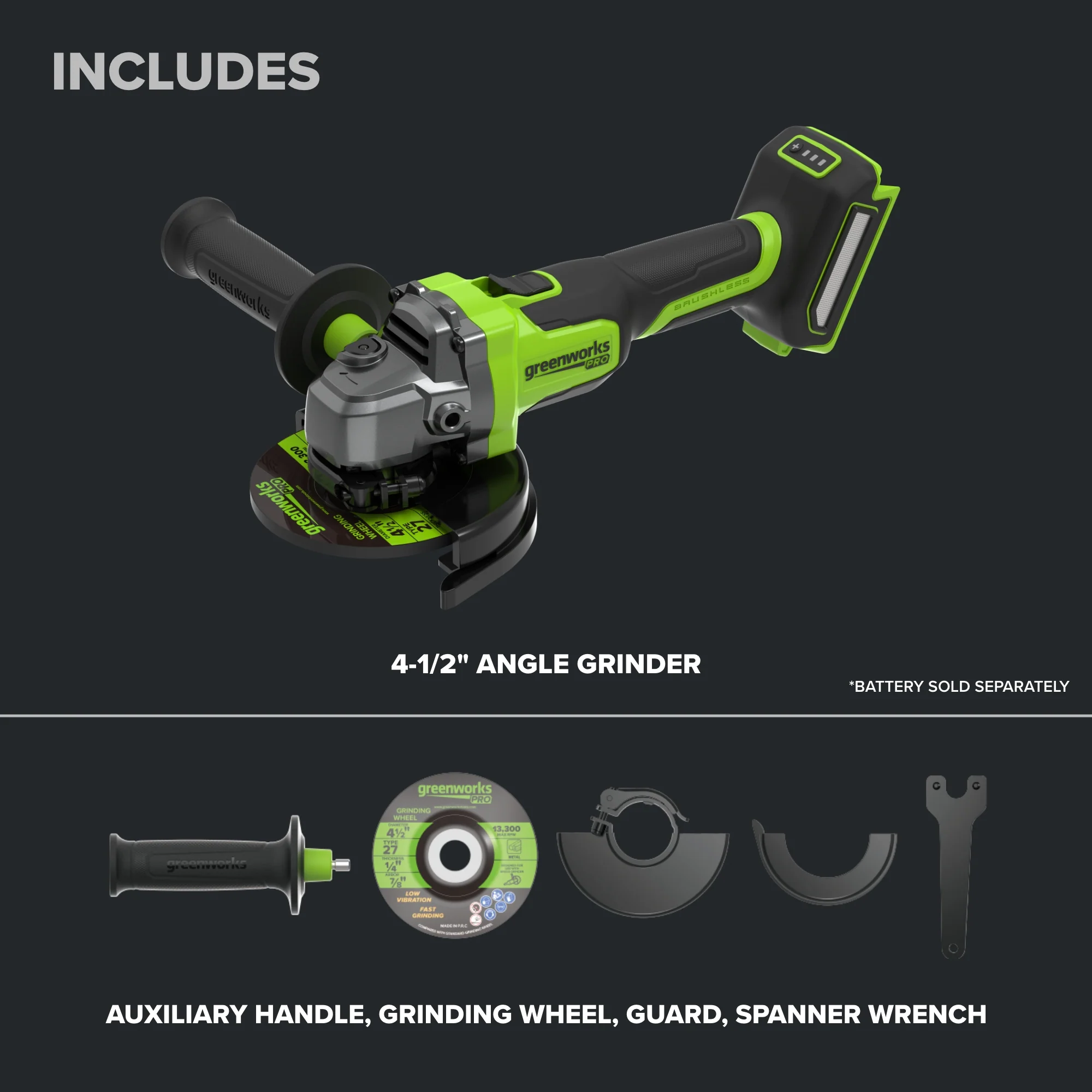 24V PowerAll Pro 4-1/2" Angle Grinder, with Handle, Grinding Wheel, Guards, and Spanner Wrench - Image 3