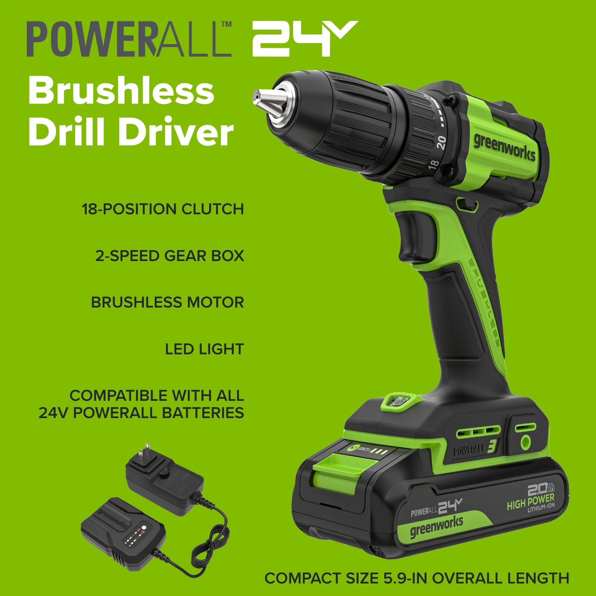 24V Cordless Battery 1/2" 400 in-lbs Drill / Driver: 2.0 Ah Batteries and Charger - Image 2