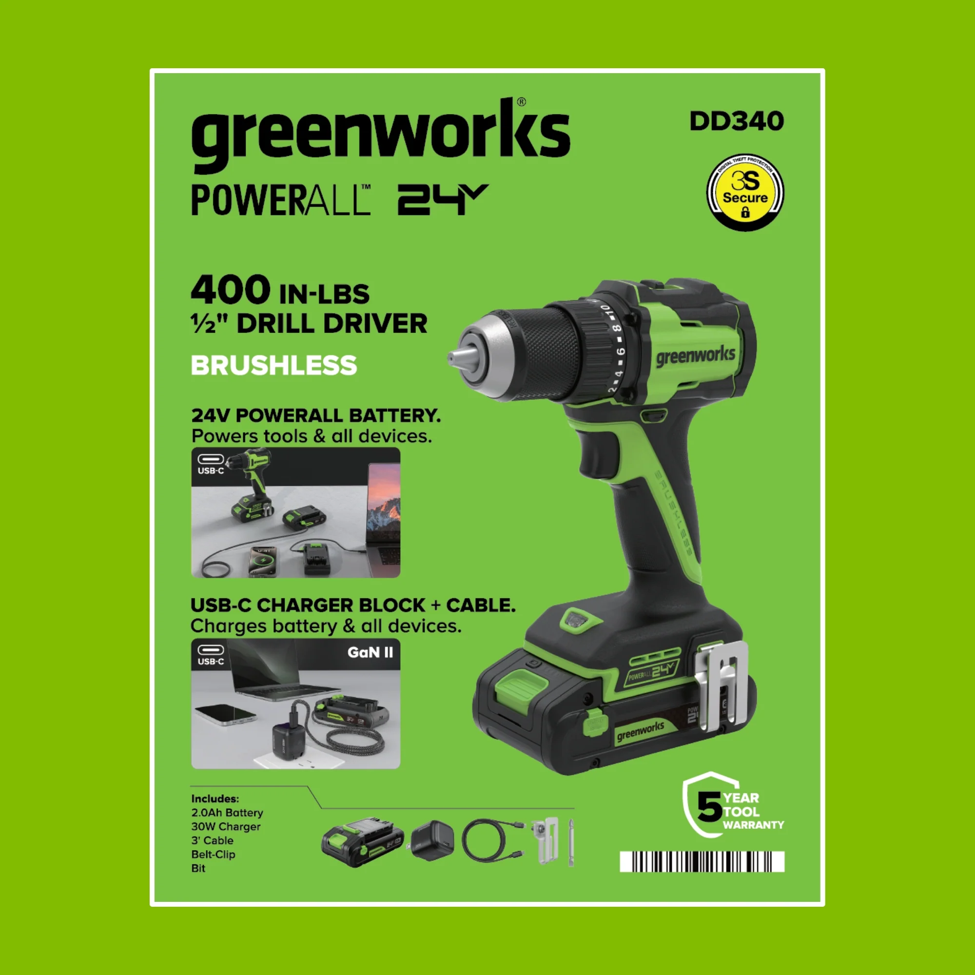 24V PowerAll 400 in-lb Drill Driver with (1) 2.0 Ah USB-C Battery, 30W USB-C Charger Block, 3' 100W USB-C Cable, Belt Clip, and Bit - Image 15