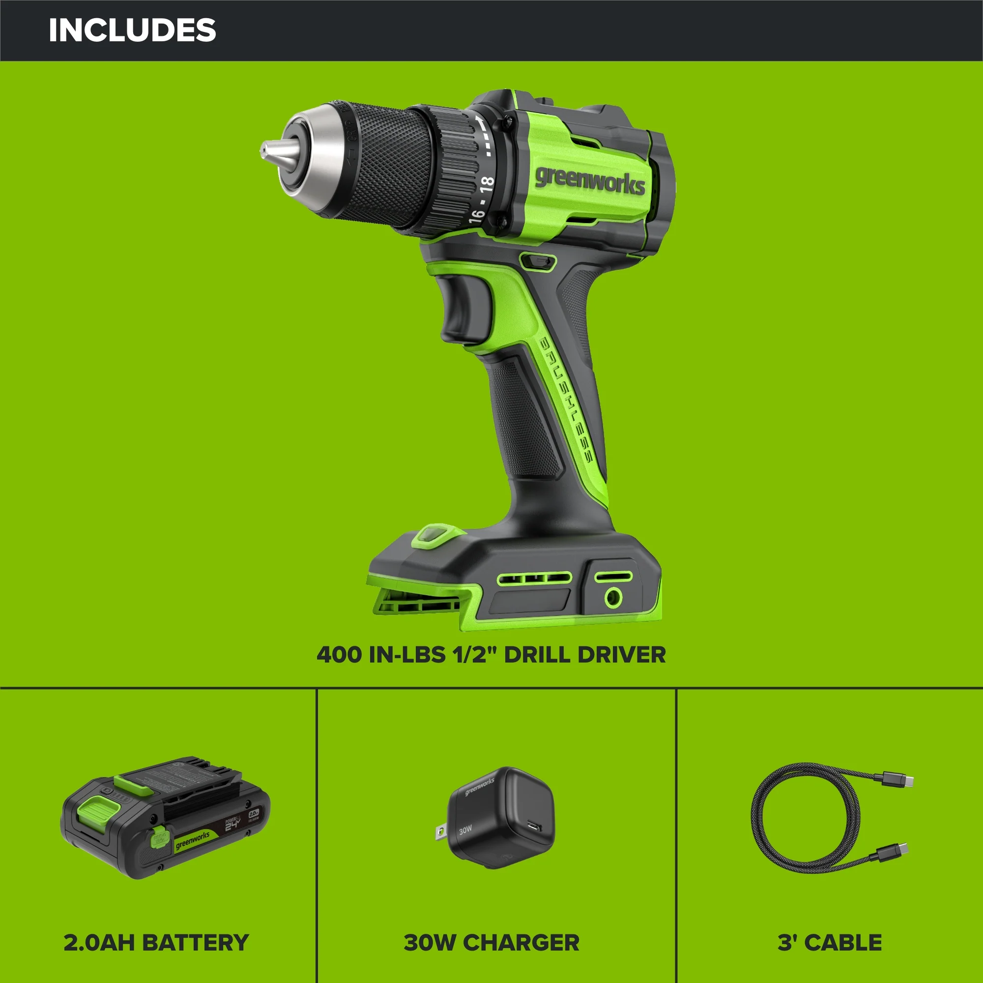 24V PowerAll 400 in-lb Drill Driver with (1) 2.0 Ah USB-C Battery, 30W USB-C Charger Block, 3' 100W USB-C Cable, Belt Clip, and Bit - Image 3