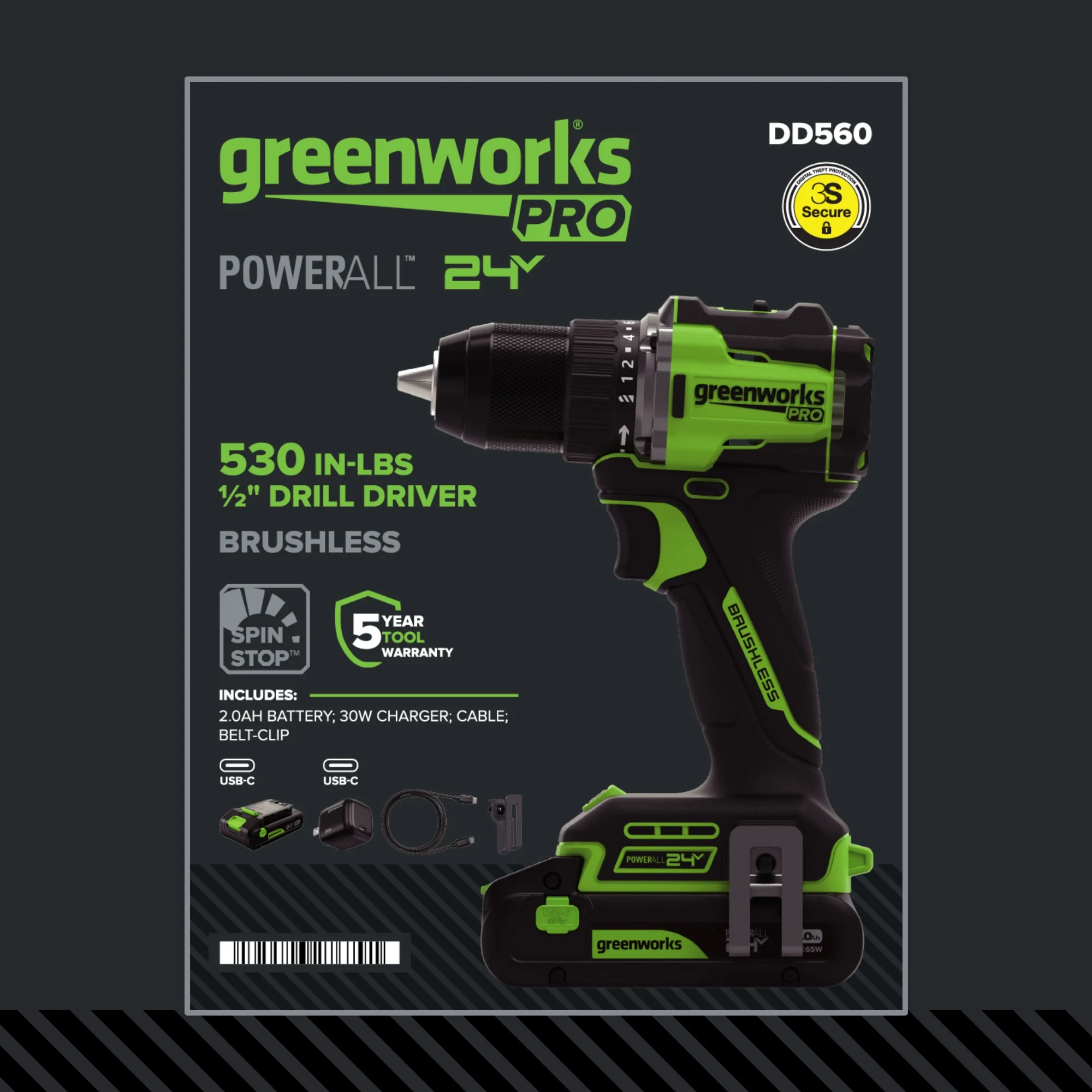 24V PowerAll Pro 1/2" 530 in-lb Drill Driver, with 2.0 Ah USB-C Battery, 30W USB-C Charger Block, 3' 100W USB-C Cable - Image 21