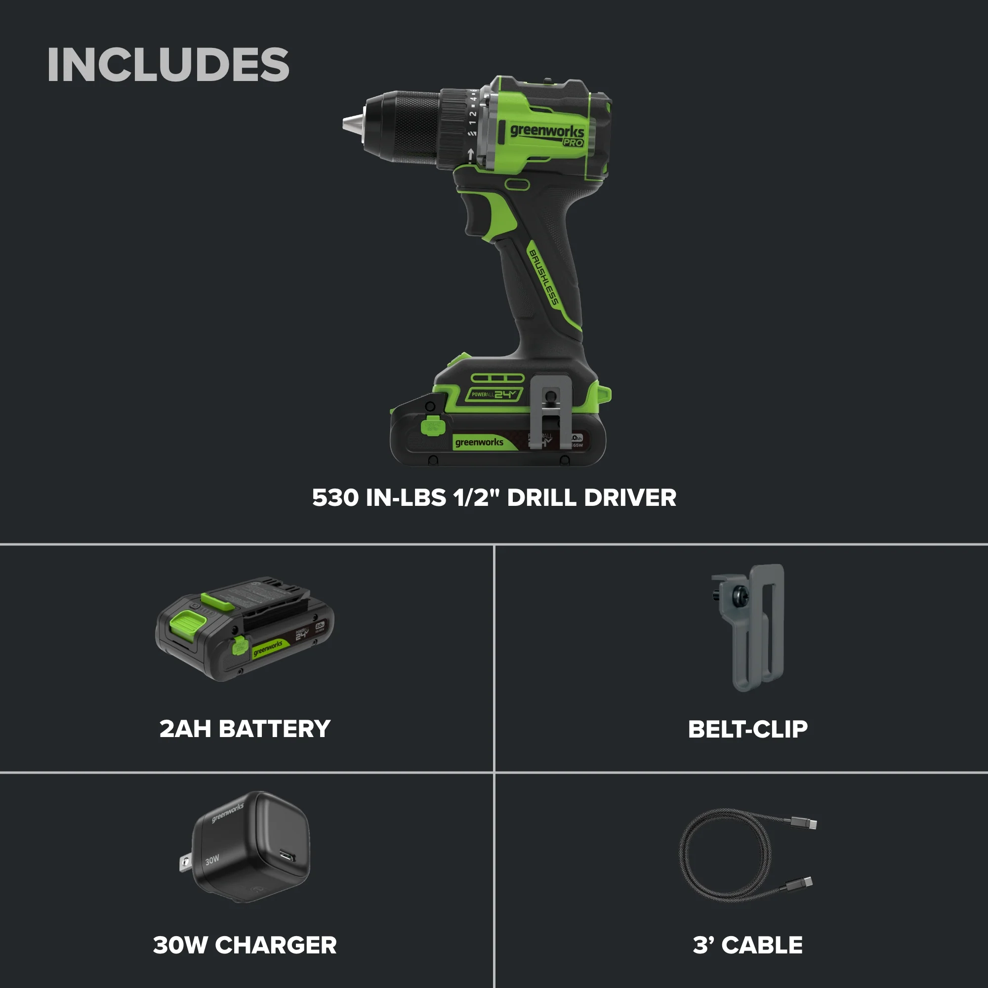 24V PowerAll Pro 1/2" 530 in-lb Drill Driver, with 2.0 Ah USB-C Battery, 30W USB-C Charger Block, 3' 100W USB-C Cable - Image 3