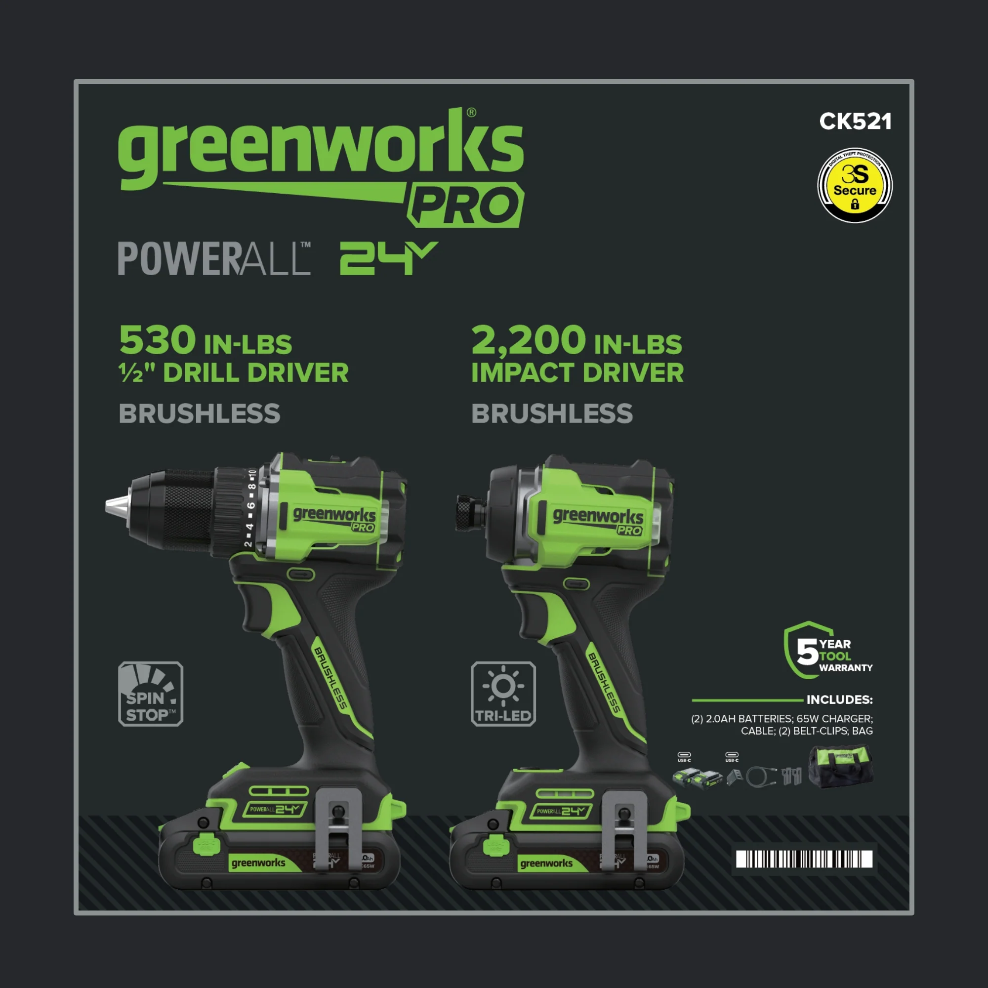 24V PowerAll Pro 530 in-lb Drill Driver and 2,200 in-lb Impact Driver Combo Kit, with (2) 2.0 Ah Batteries, 65W Charger, 3' Cable, Belt Clips, and Carrying Bag - Image 24