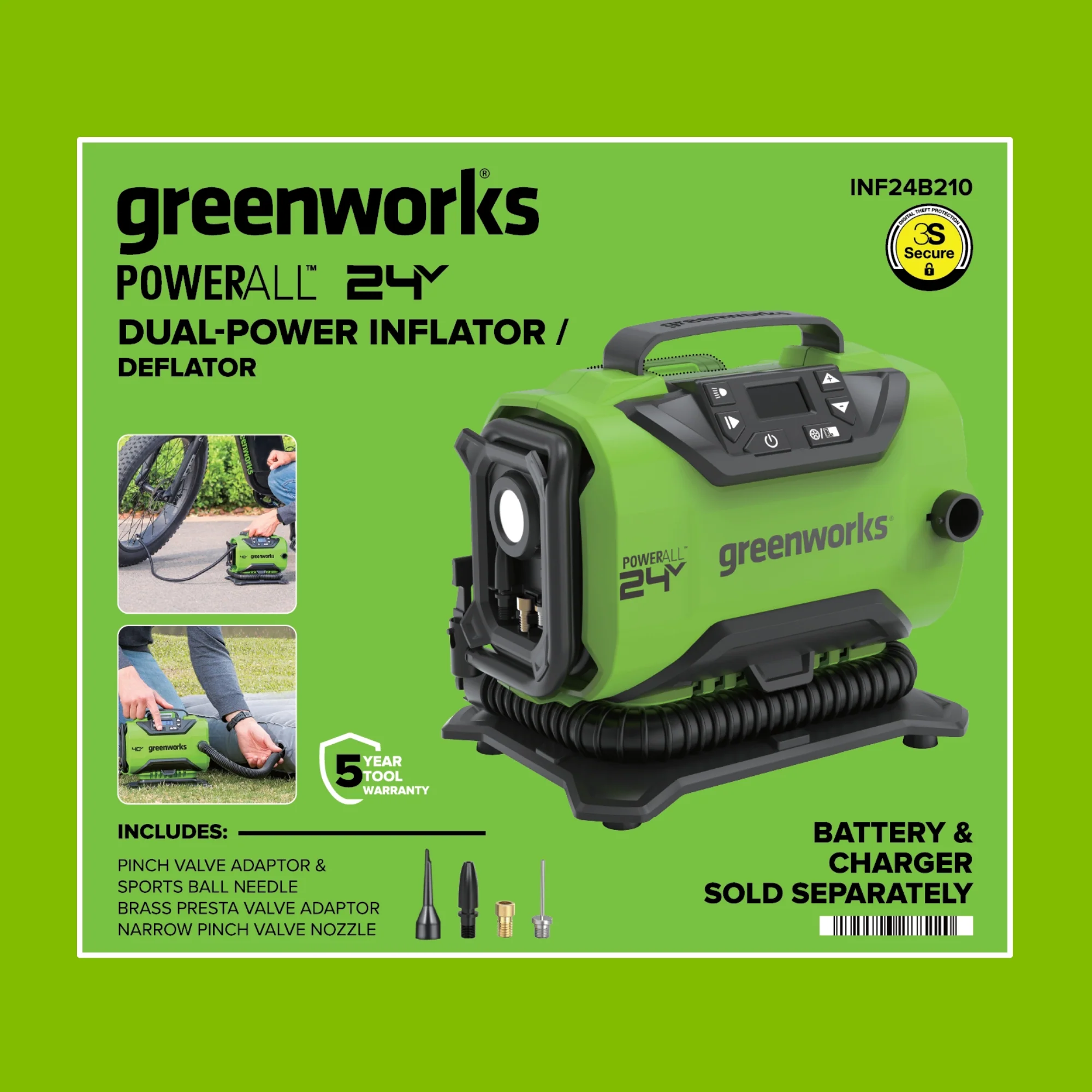 24V PowerAll Dual-Power Inflator/Deflator, with Pinch Valve Adaptor, Sports Ball Needle, Brass Presta Valve Adaptor, and Narrow Pinch Valve Nozzle - Image 16