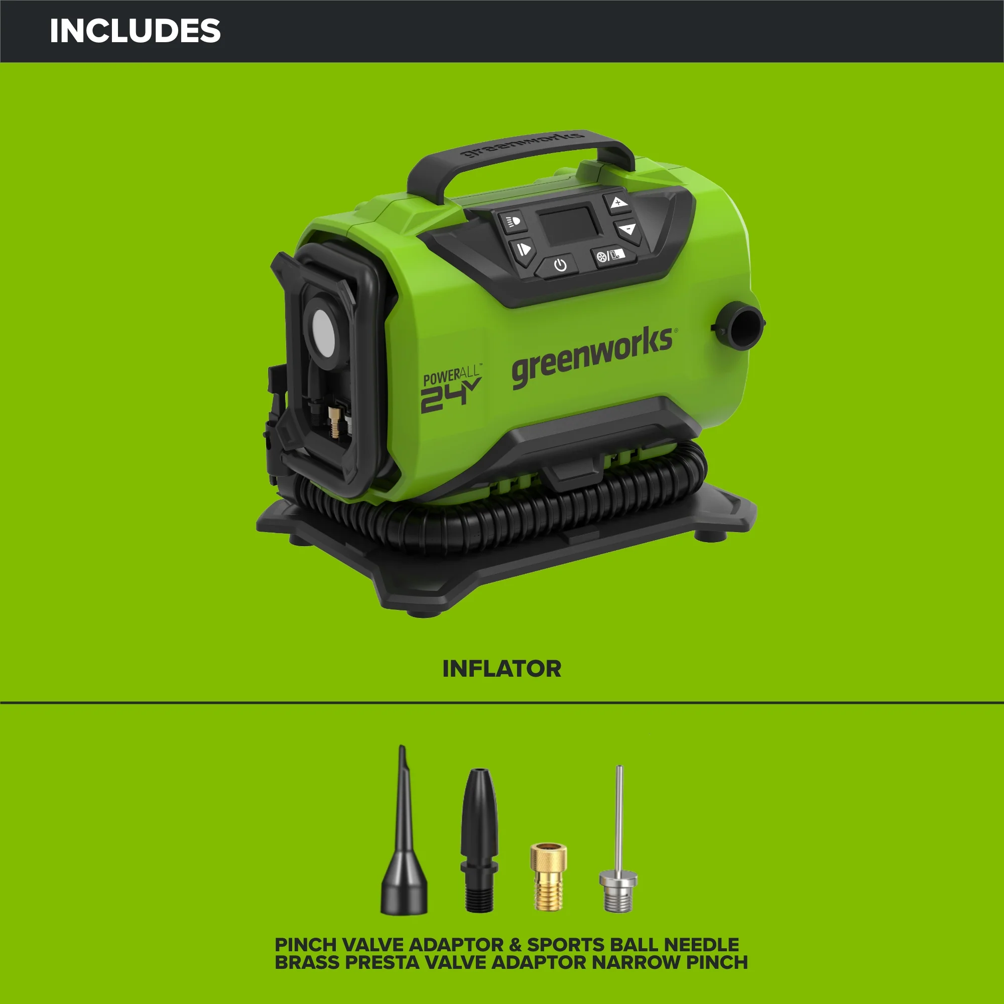 24V PowerAll Dual-Power Inflator/Deflator, with Pinch Valve Adaptor, Sports Ball Needle, Brass Presta Valve Adaptor, and Narrow Pinch Valve Nozzle - Image 3