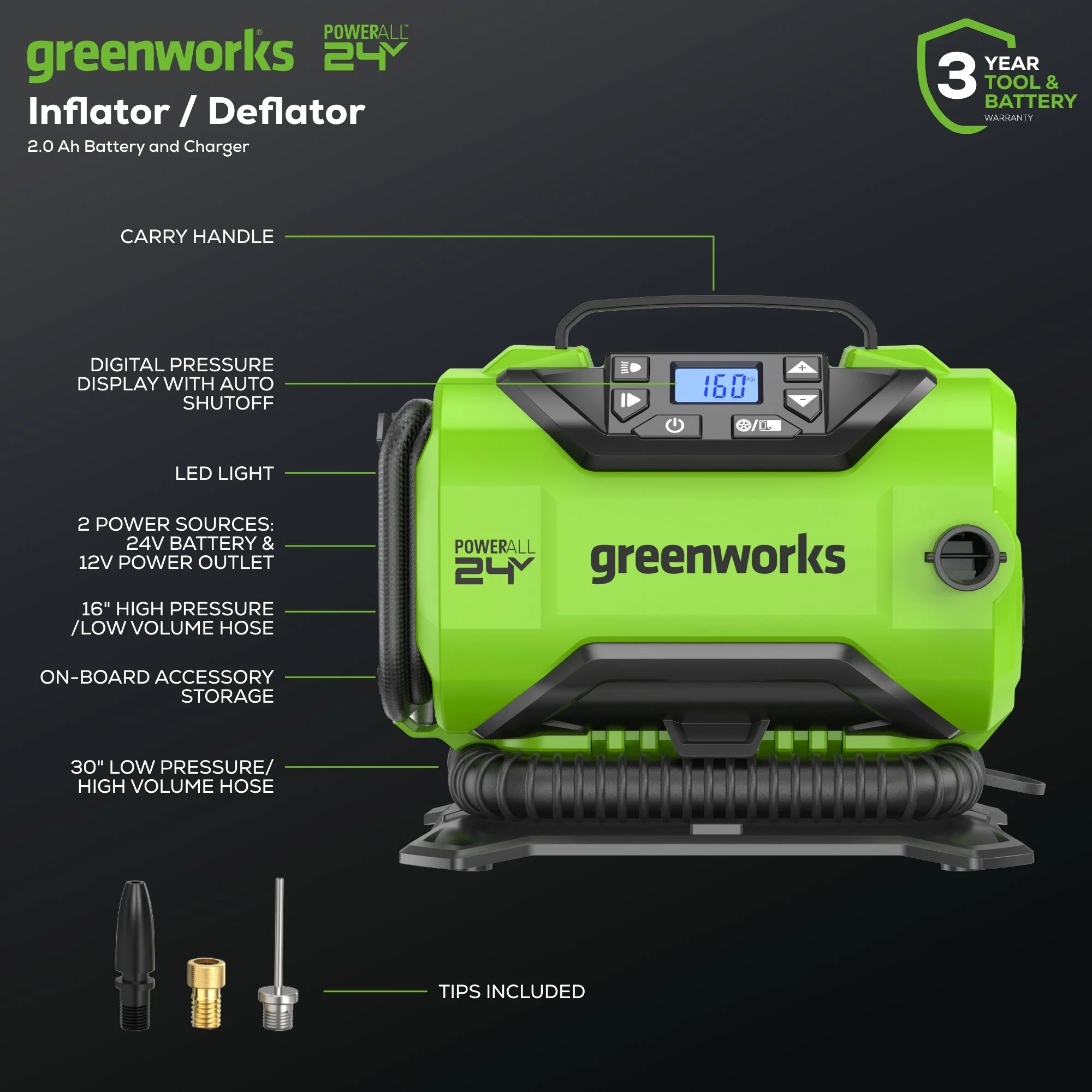 24V Cordless Battery Inflator, (1) 2Ah USB Battery and Charger - Image 2