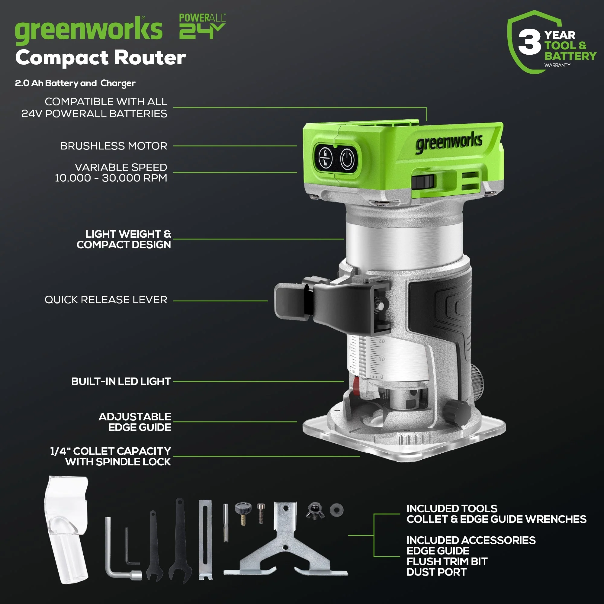 24V Cordless Battery Compact Router: 2.0 Ah Battery and Charger - Image 2