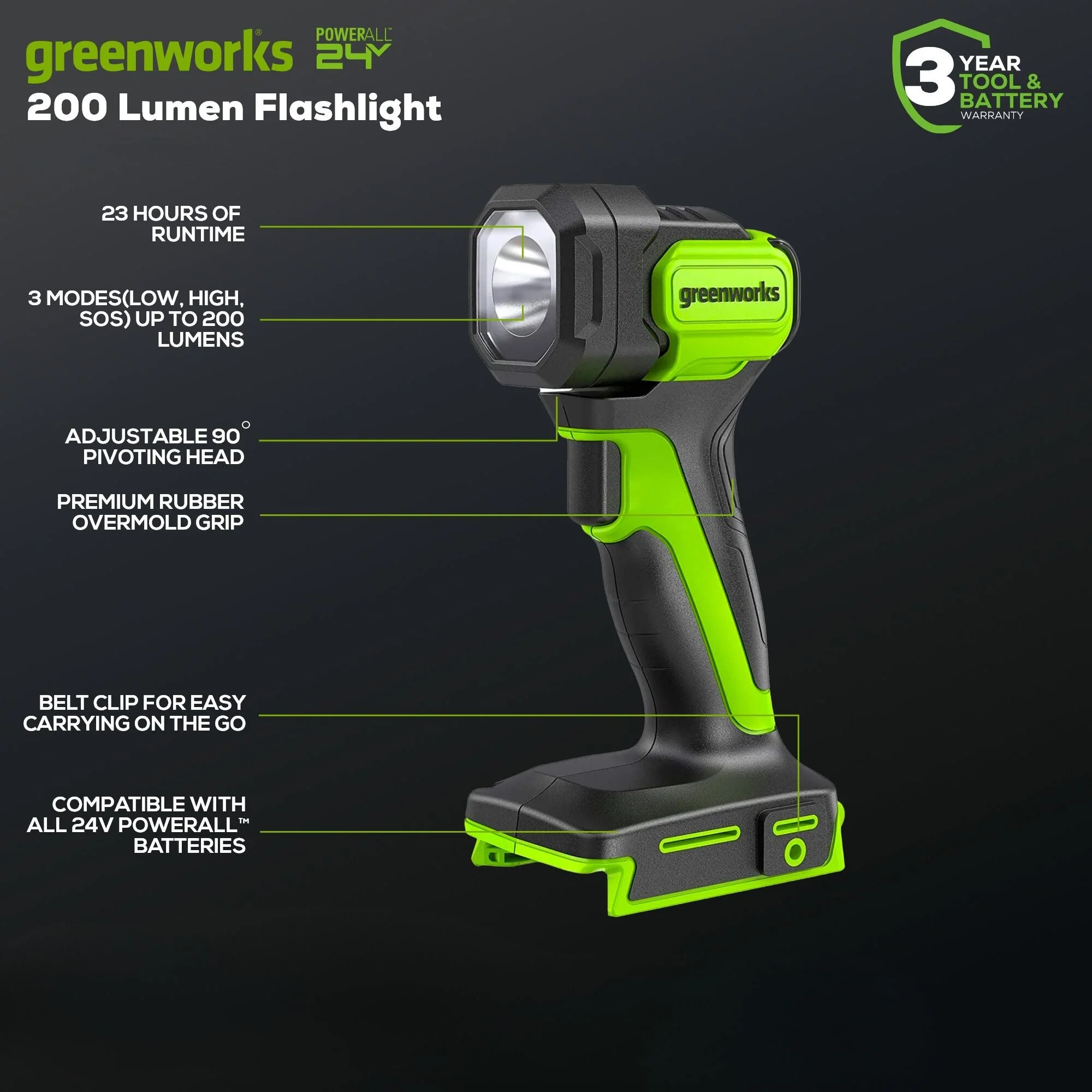 24V 200 Lumen Cordless Battery LED Flashlight (Tool Only) - Image 2