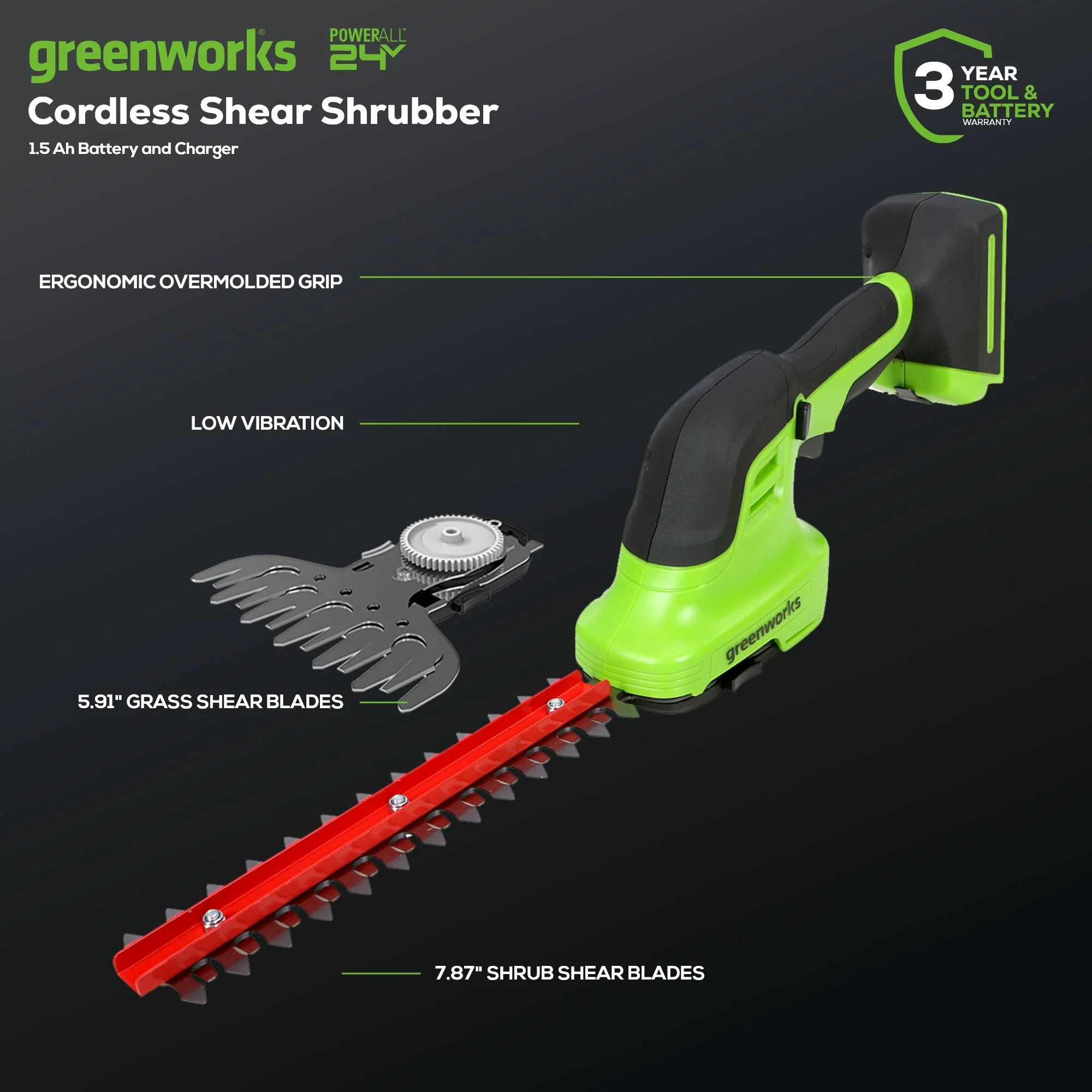 24V Shear Shrubber, 1.5Ah USB Battery and 0.5A Charger - Image 2