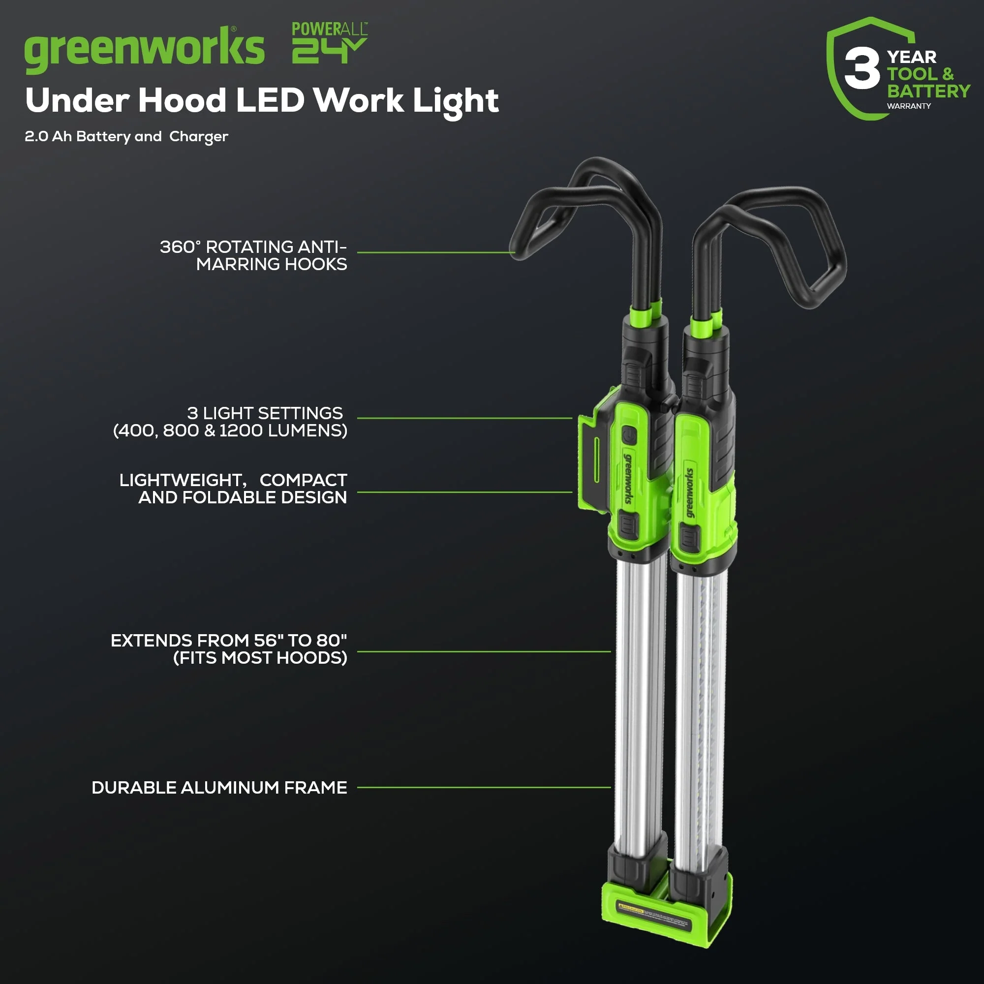 24V Cordless Battery Under Hood Work Light: 2.0 Ah Battery and Charger - Image 2