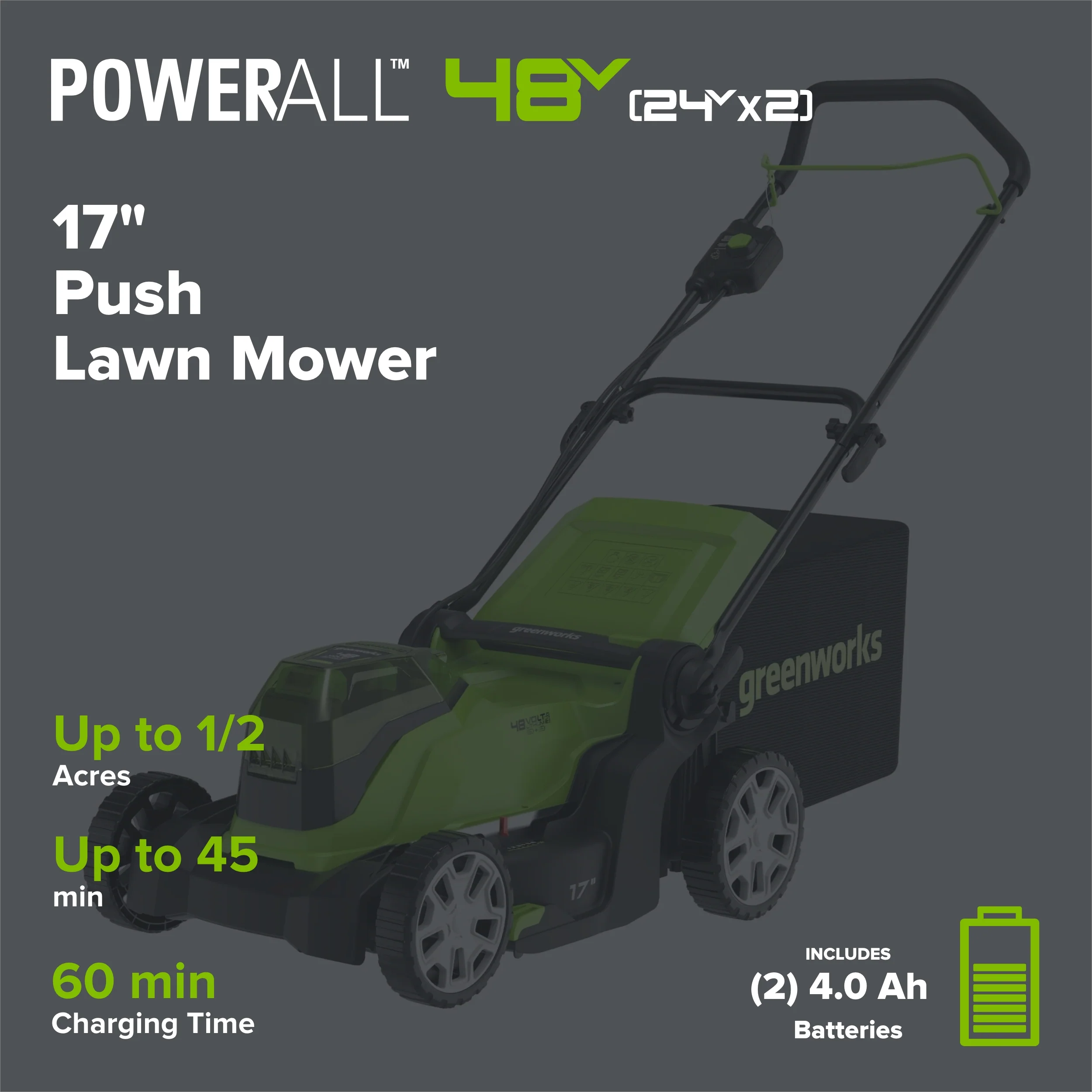 48V (24V x 2) 17" Cordless Battery Push Lawn Mower w/ Two (2) 4.0Ah USB Batteries & Dual Port Charger - Image 2
