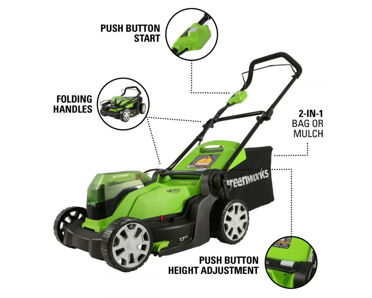 48V (24V x 2) 17" Cordless Battery Push Lawn Mower w/ Two (2) 4.0Ah USB Batteries & Dual Port Charger - Image 3