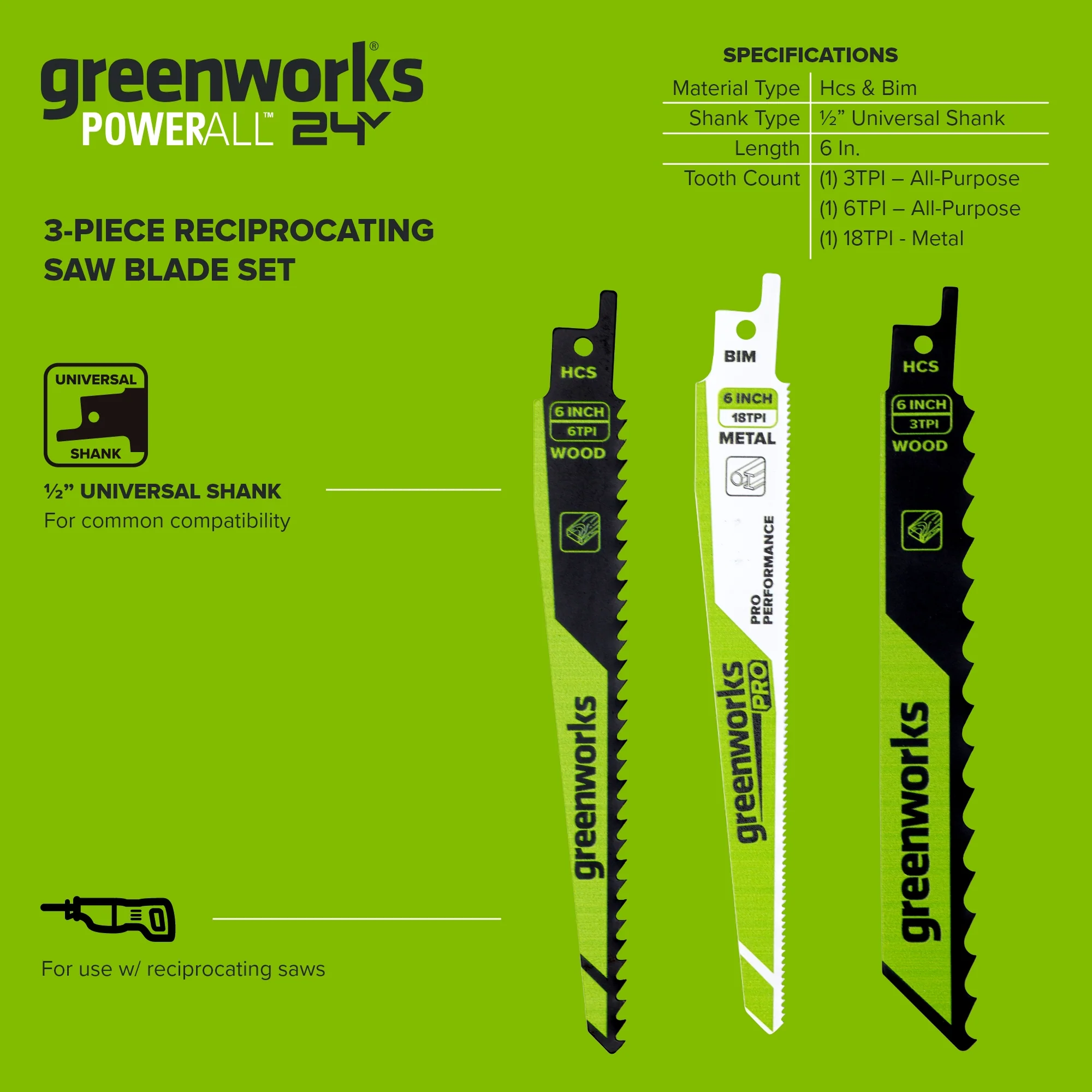 3-Piece 6" Reciprocating Saw Blade Set, with 3 TPI and 6 TPI Wood Blades and 10 TPI Pro-Grade Metal Blade - Image 3