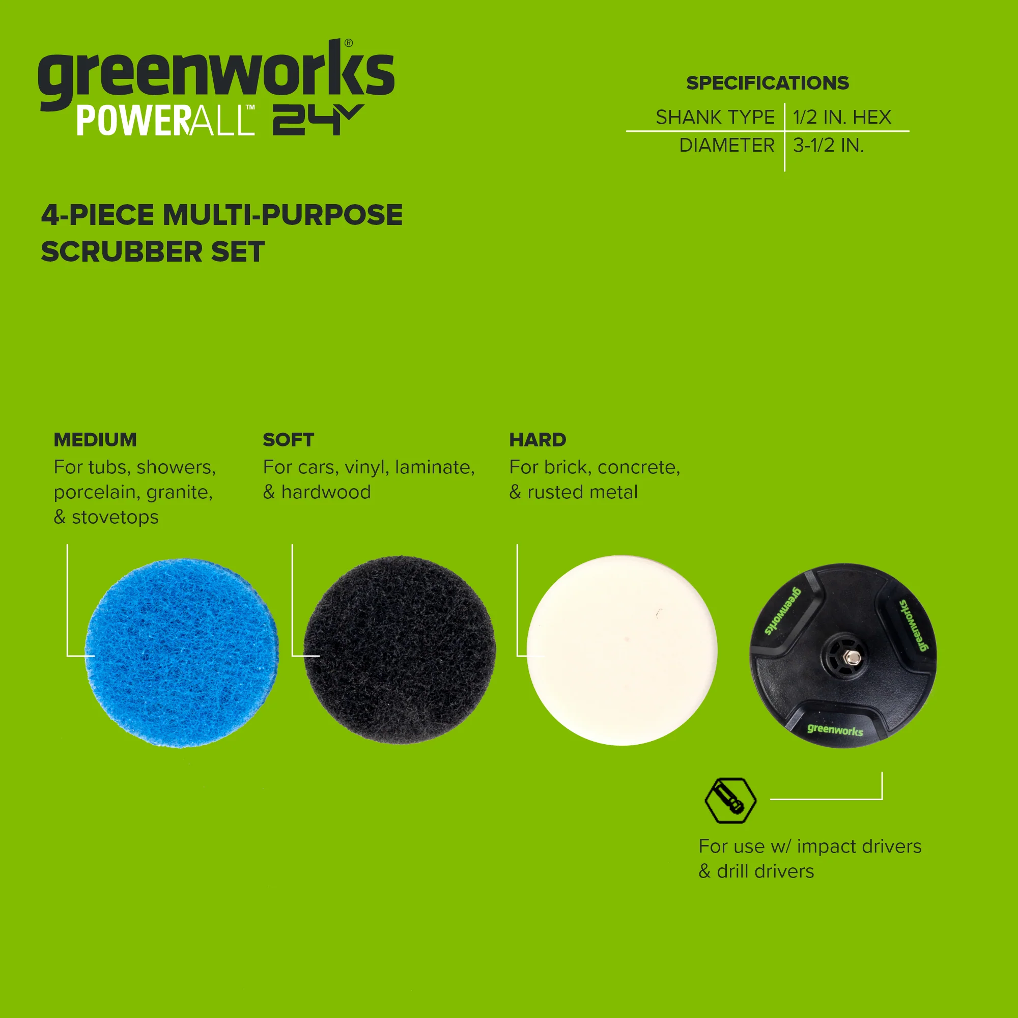 4-Piece Multipurpose 3-1/2" Scrubber Set for Most Surfaces, Used with Impact or Drill Drivers - Image 3