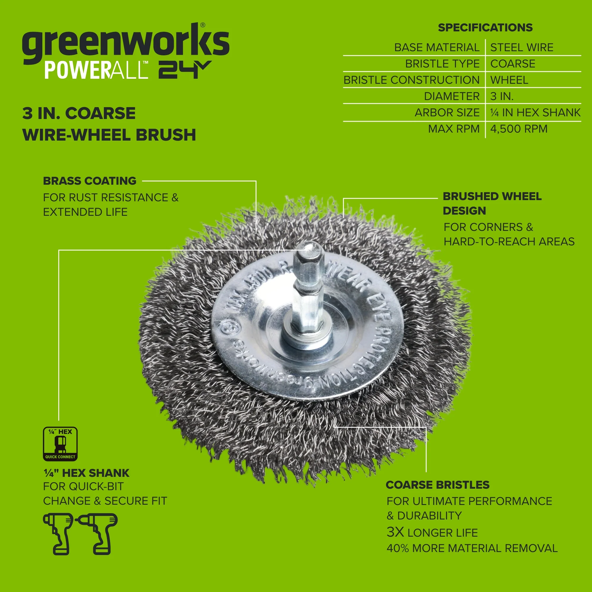 3" Coarse Wire Wheel Brush for Weld Scale, Paint, or Rust Removal and Surface Prep, for Use with Impact and Drill Drivers - Image 3
