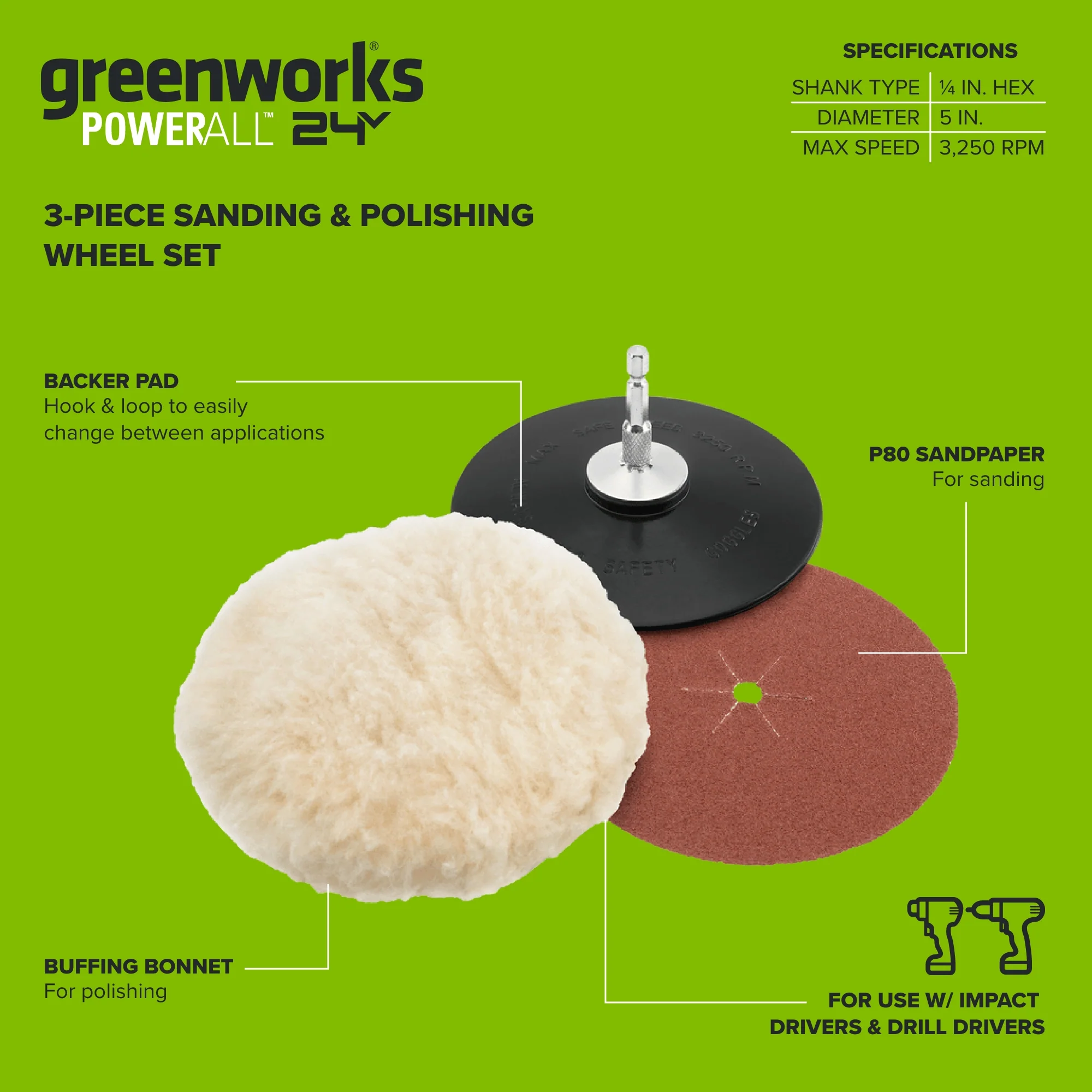 3-Piece 5" Sanding and Polishing Wheel Set with Buffing Bonnet, P80 Sandpaper, Backer Pad, Used with Impact or Drill Drivers - Image 3