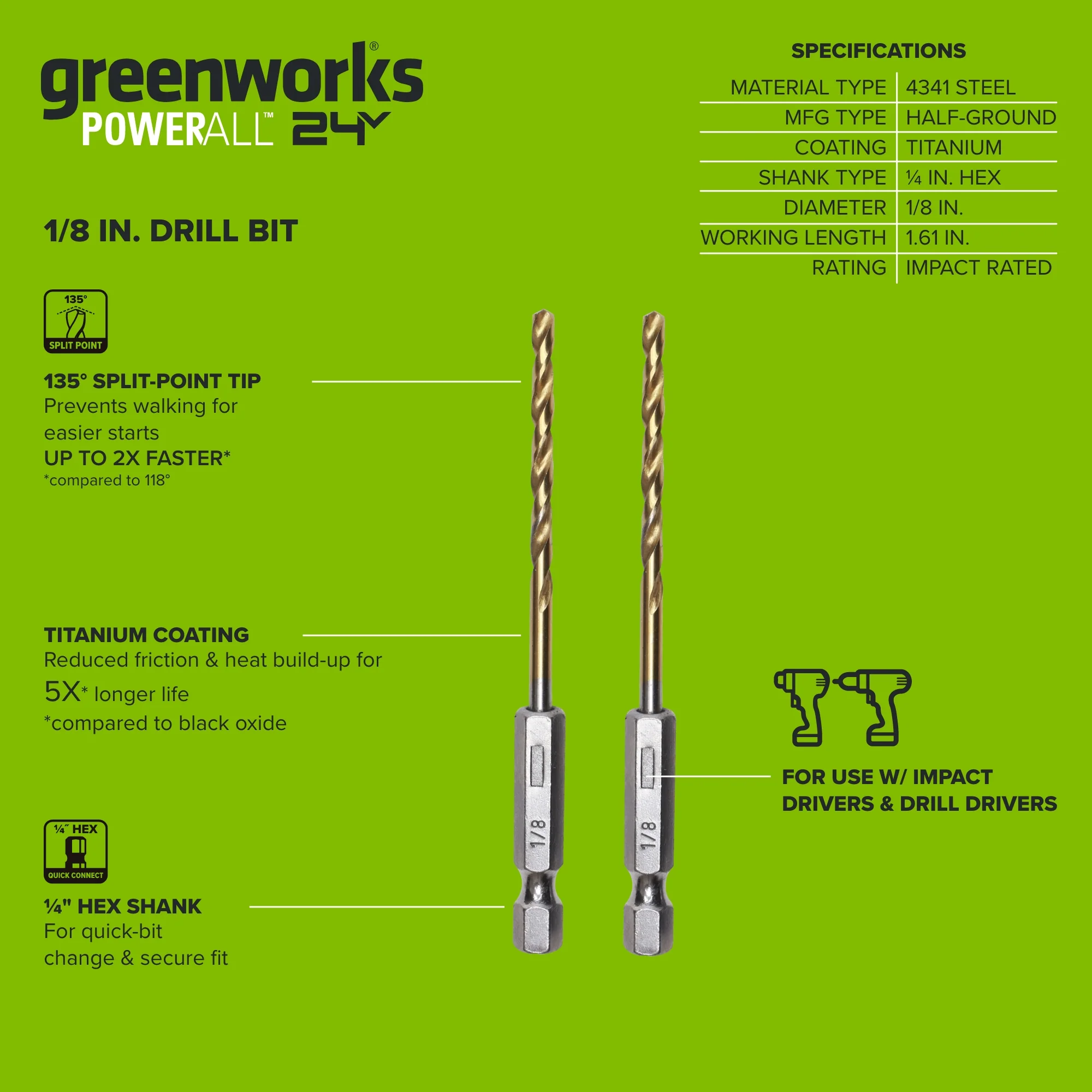 1/8" Drill Bit for Metal, Wood, PVC or more, Impact-Rated, 135˚ Split Point, 1/4" Hex Quick-Connect Base - Image 3