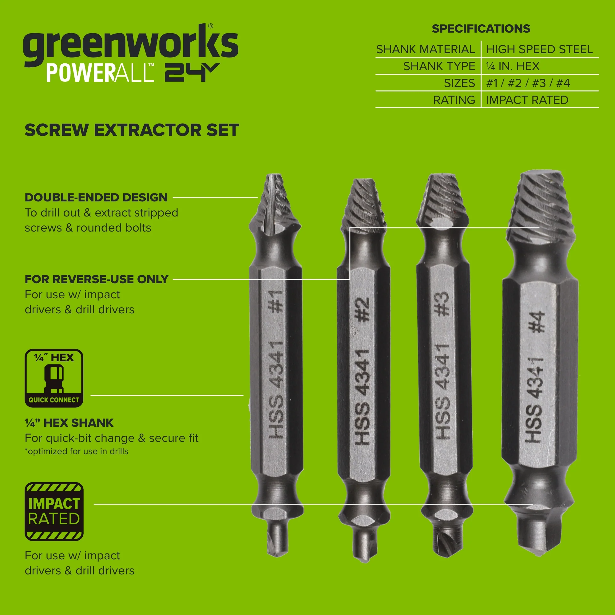 4-Piece Screw Extractor Set, #1-#4 Sizes, for Use with Impact and Drill Drivers - Image 3