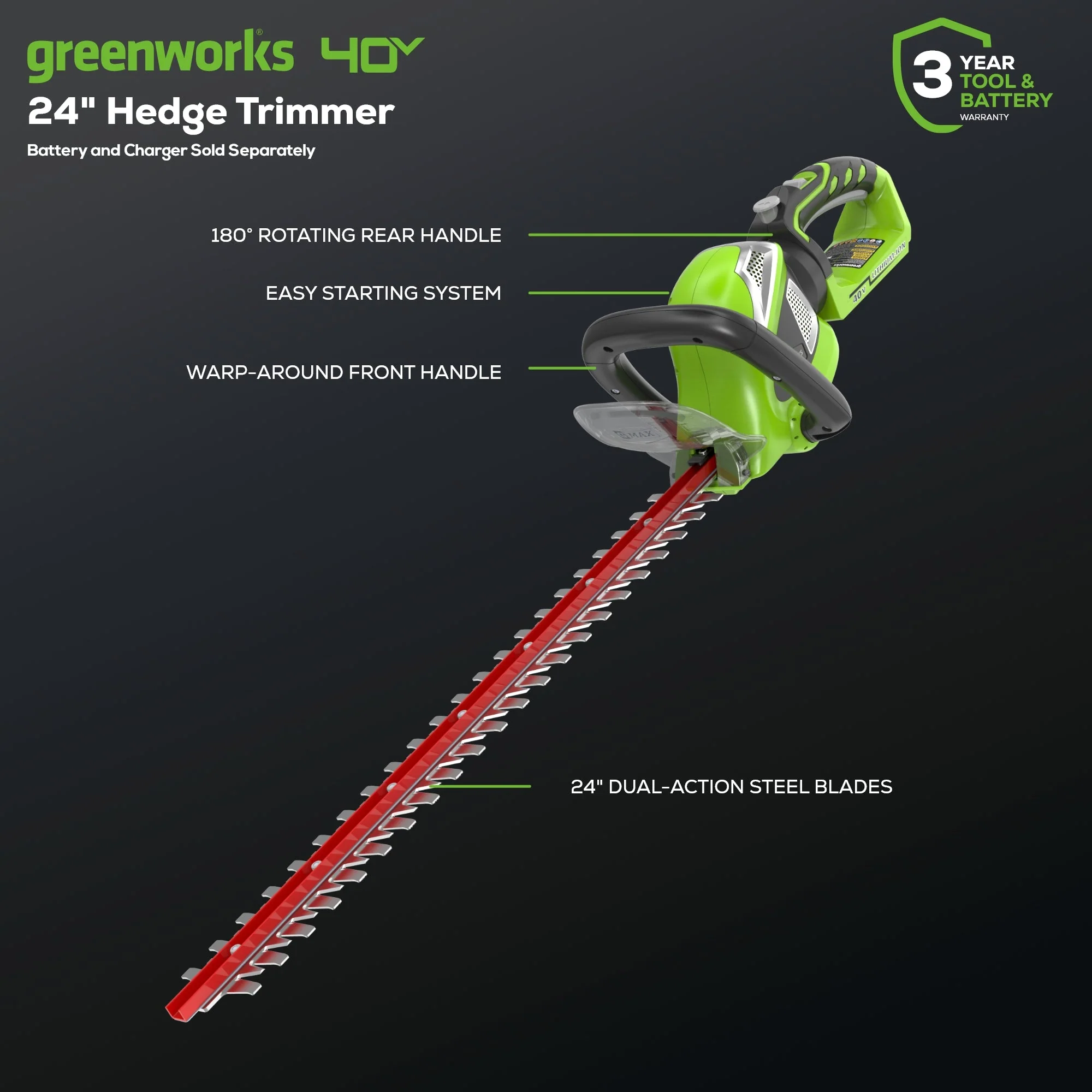 40V 12" Cordless Battery String Trimmer, 550 CFM Blower and 24" Hedge Trimmer Combo Kit: 2.0 Ah Battery and Charger - Image 10
