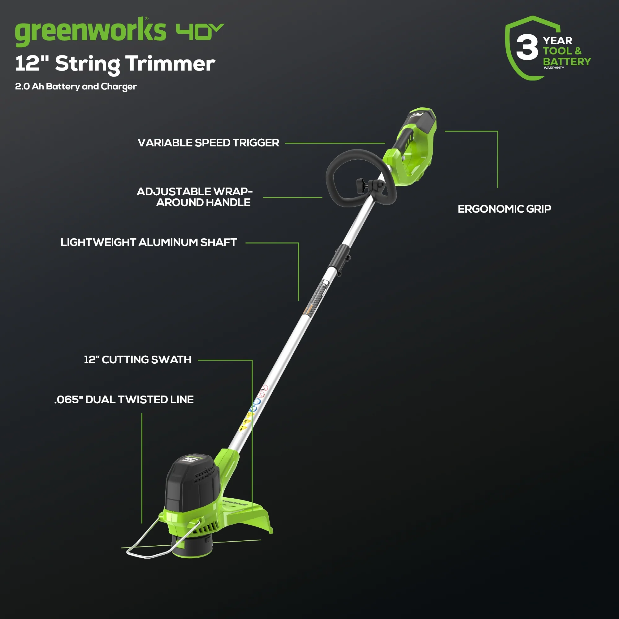 40V 12" Cordless String Trimmer and Leaf Blower Combo Kit w/ 2.0Ah Battery & Charger - Image 2