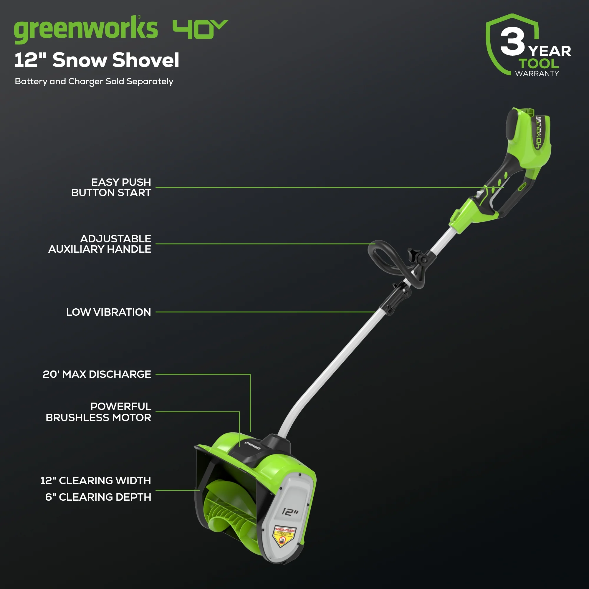 40V 12" Cordless Brushless Snow Shovel (Tool Only) - Image 2